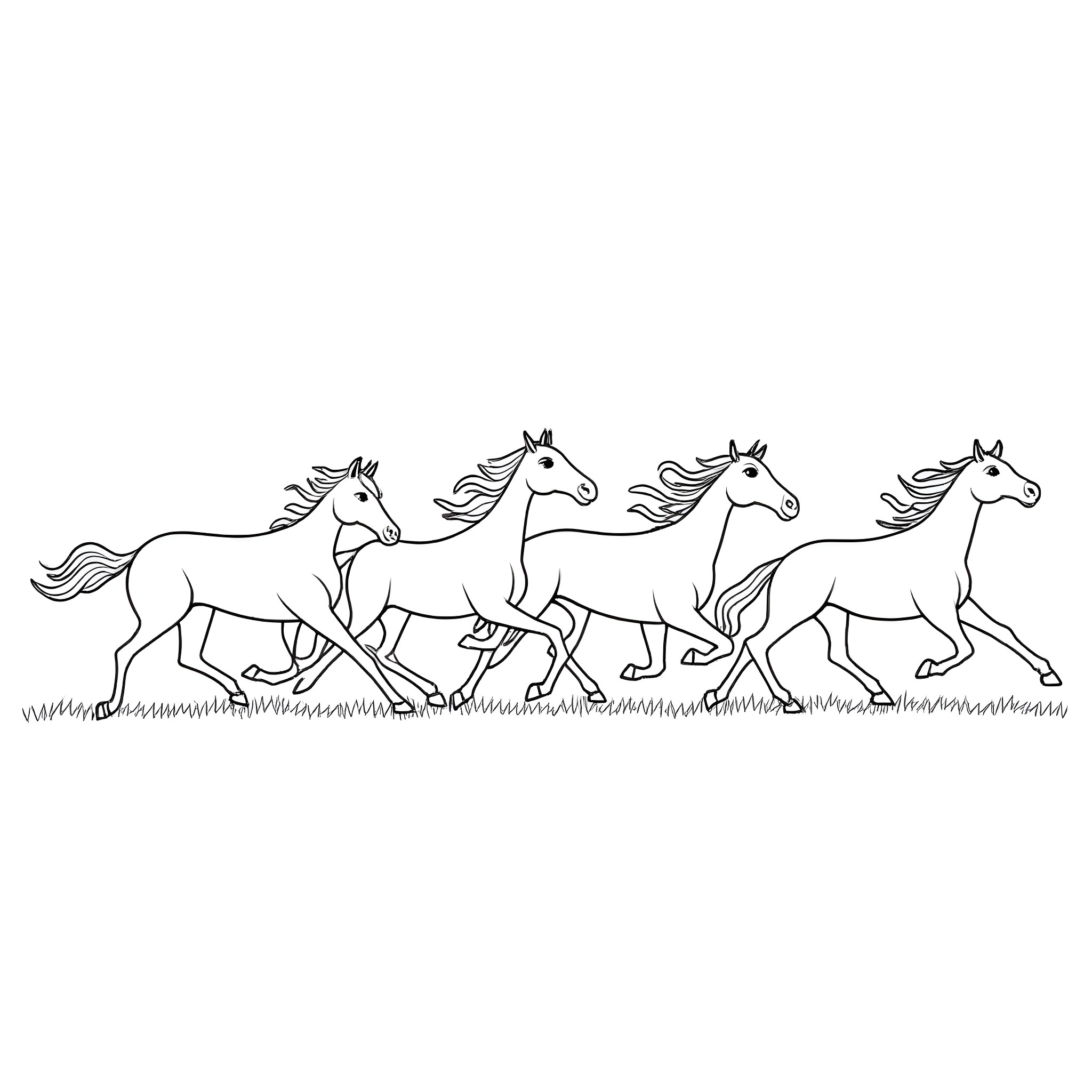 Horses running freely in the meadow Coloring Page (free black-and-white line drawing printable PDF for all, from beginners to advanced learners, including children, teens, adults, and seniors)