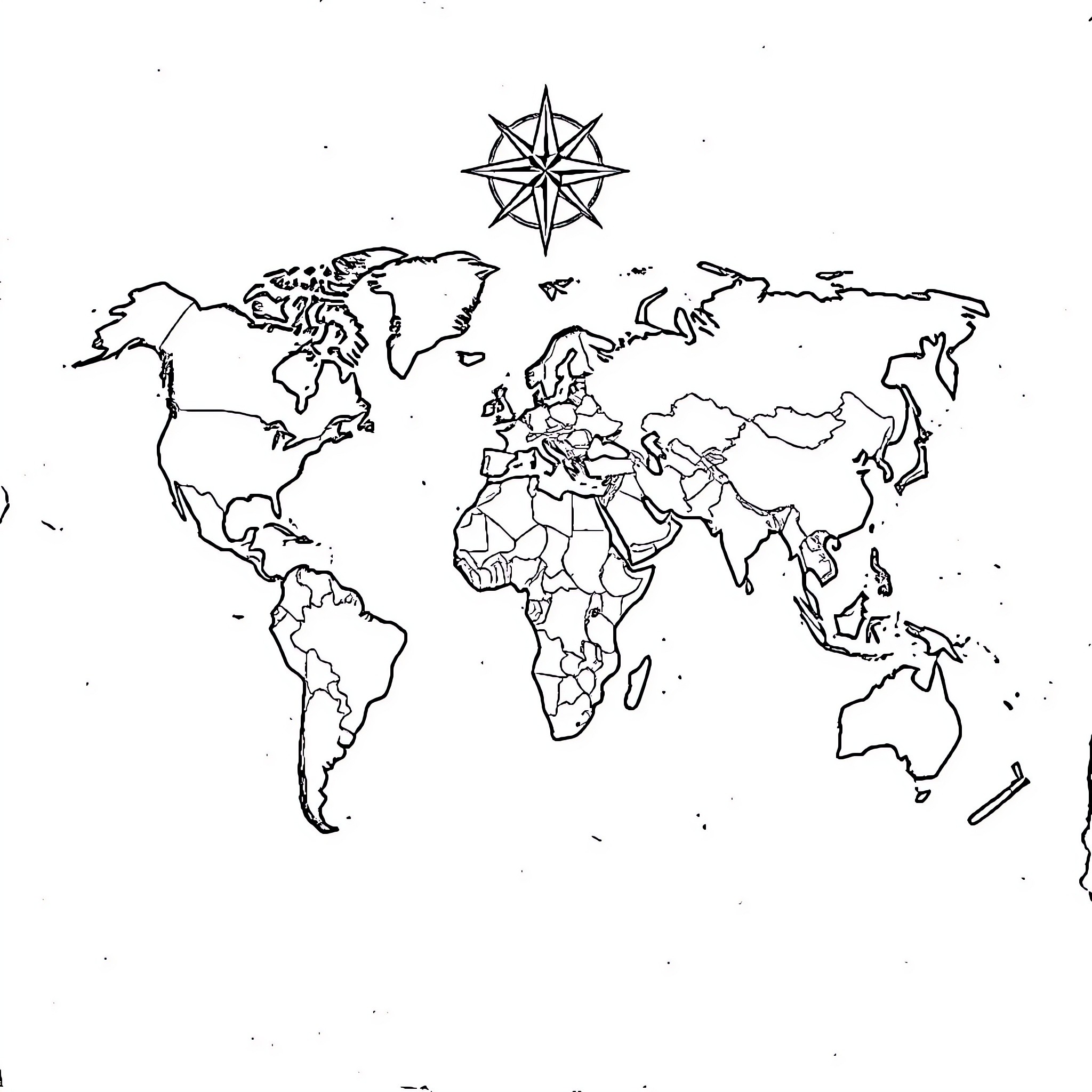 World Map with Compass Rose Sketch Coloring Page (free black-and-white line drawing printable PDF for all, from beginners to advanced learners, including children, teens, adults, and seniors)