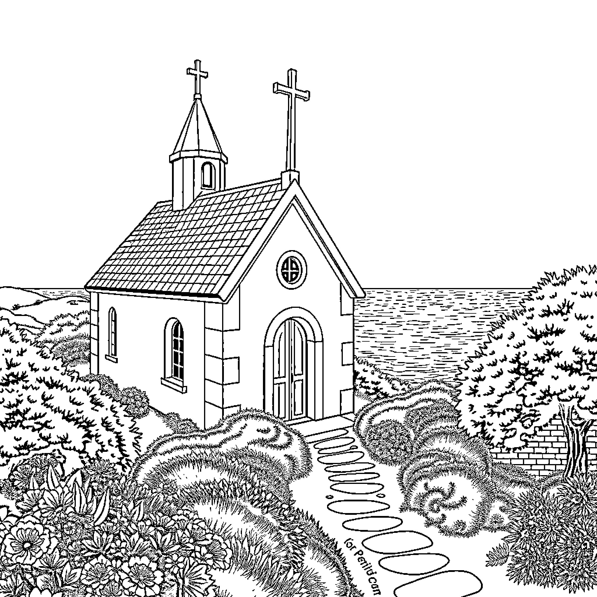 Chapel with crosses overlooking a serene landscape Coloring Page (free black-and-white line drawing printable PDF for all, from beginners to advanced learners, including children, teens, adults, and seniors)