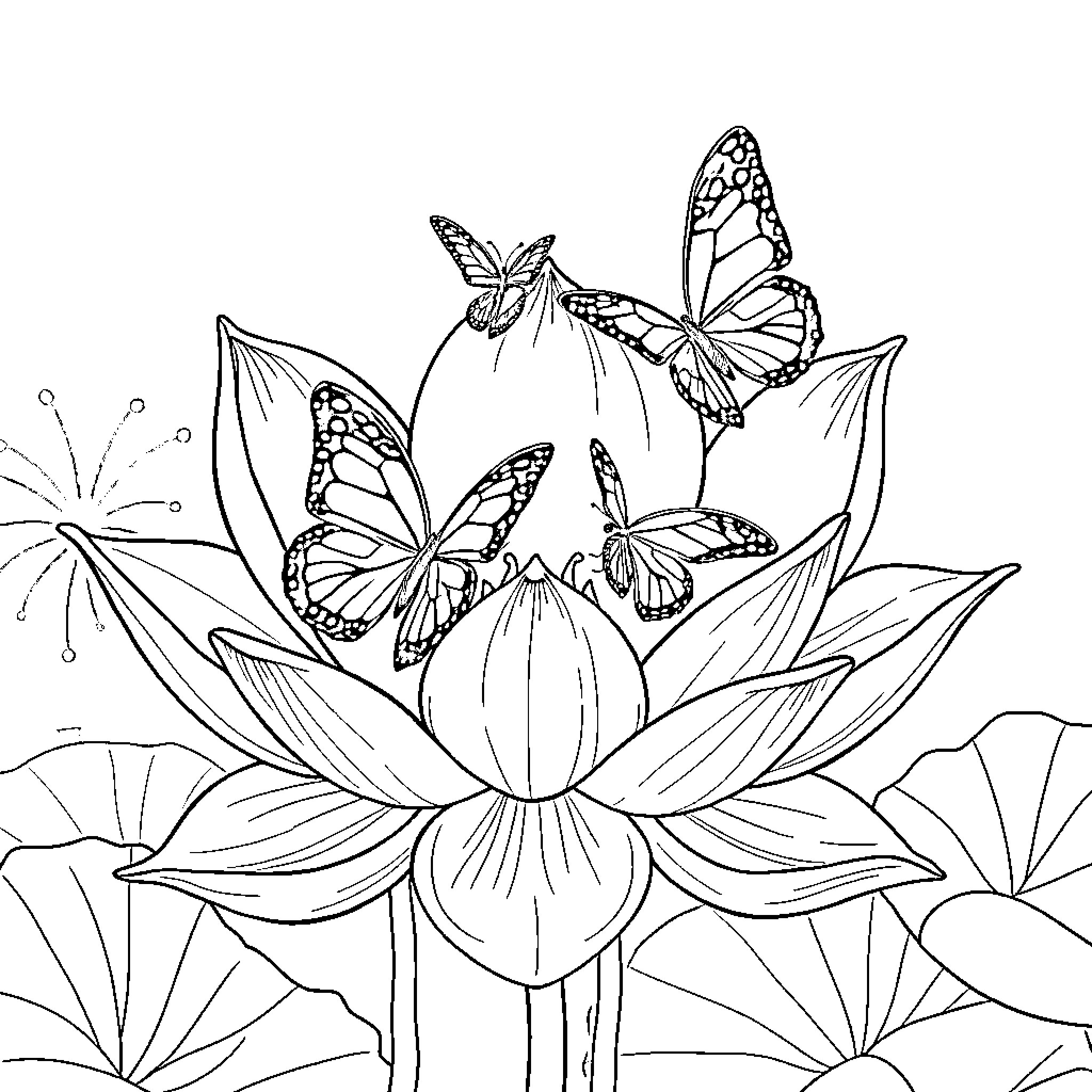 Butterfly Sanctuary with Elegant Lotus Bloom Coloring Page (free black-and-white line drawing printable PDF for all, from beginners to advanced learners, including children, teens, adults, and seniors)
