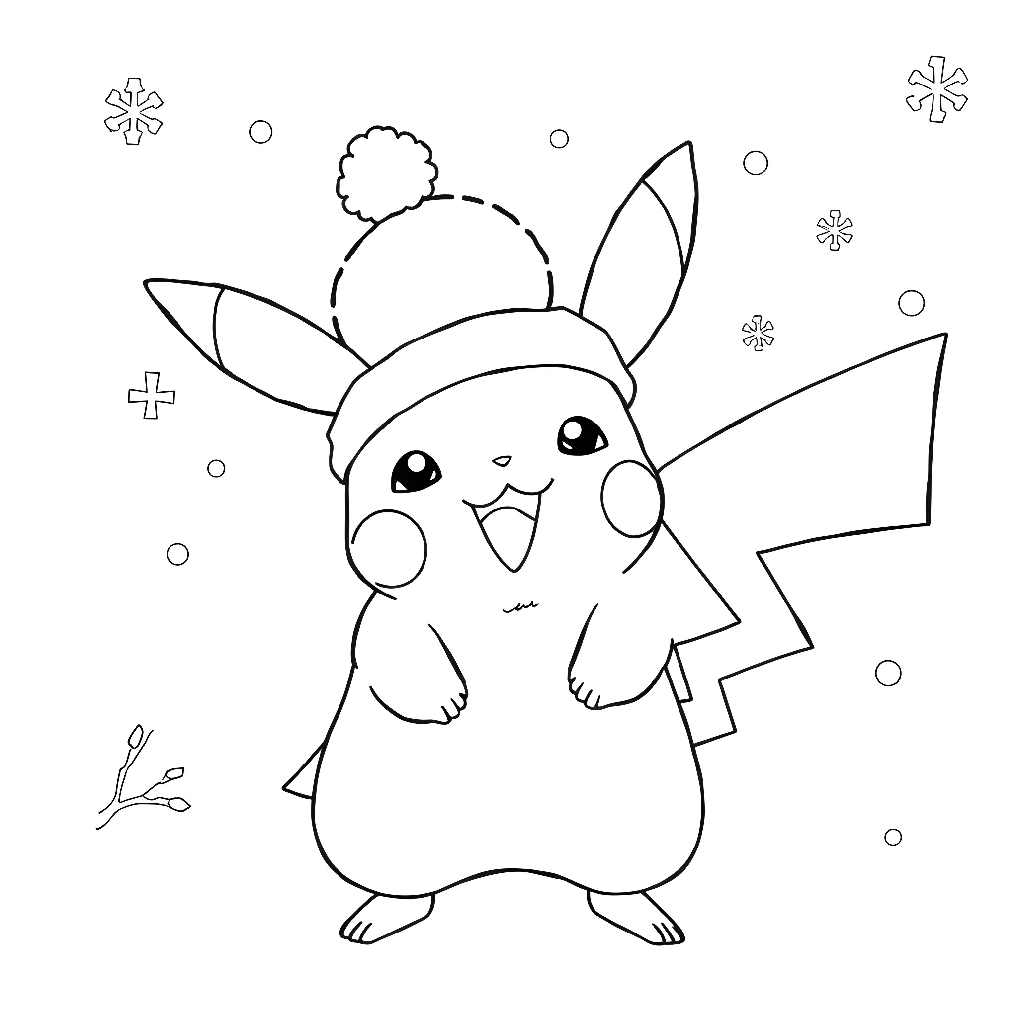 Pikachu in a winter wonderland Coloring Page (free black-and-white line drawing printable PDF for all, from beginners to advanced learners, including children, teens, adults, and seniors)