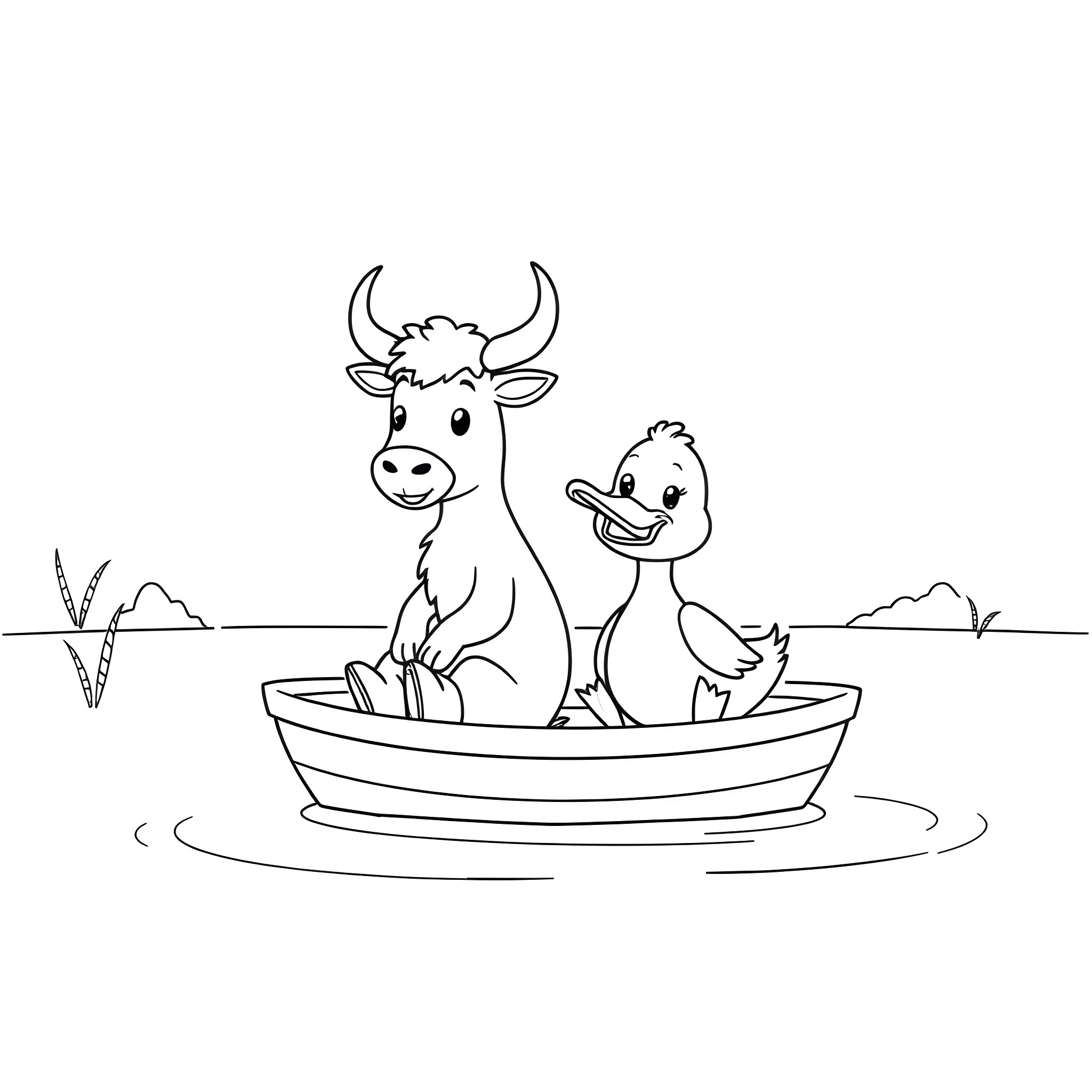 Vole and Duck Sailing on a Boat Coloring Page (free black-and-white line drawing printable PDF for all, from beginners to advanced learners, including children, teens, adults, and seniors)