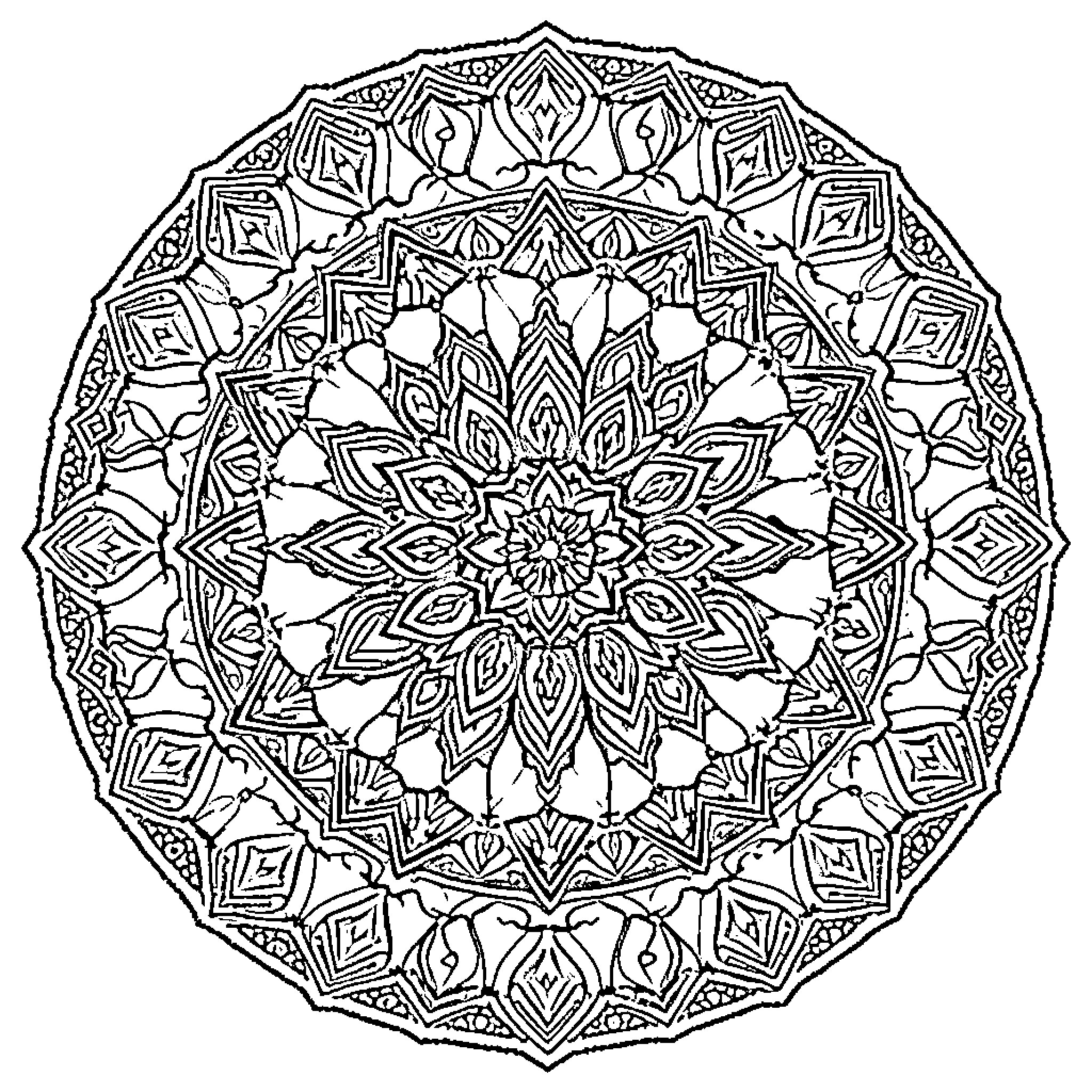 Mosaic of intricate geometric patterns Coloring Page (free black-and-white line drawing printable PDF for all, from beginners to advanced learners, including children, teens, adults, and seniors)
