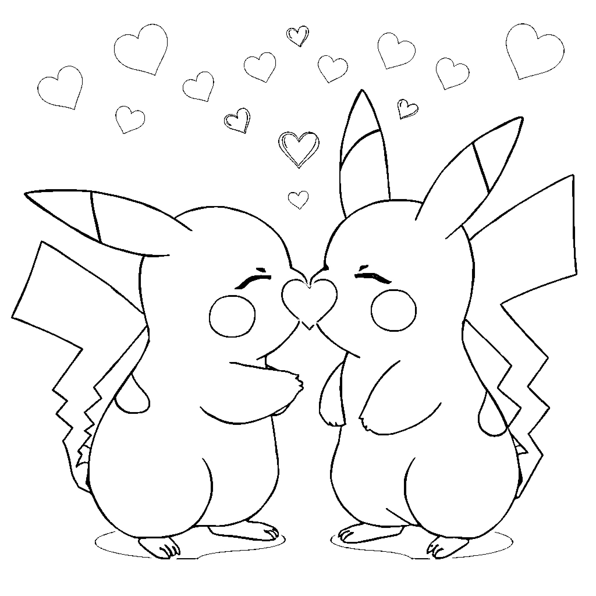 Pikachu Pokemon in Love Coloring Page (free black-and-white line drawing printable PDF for all, from beginners to advanced learners, including children, teens, adults, and seniors)