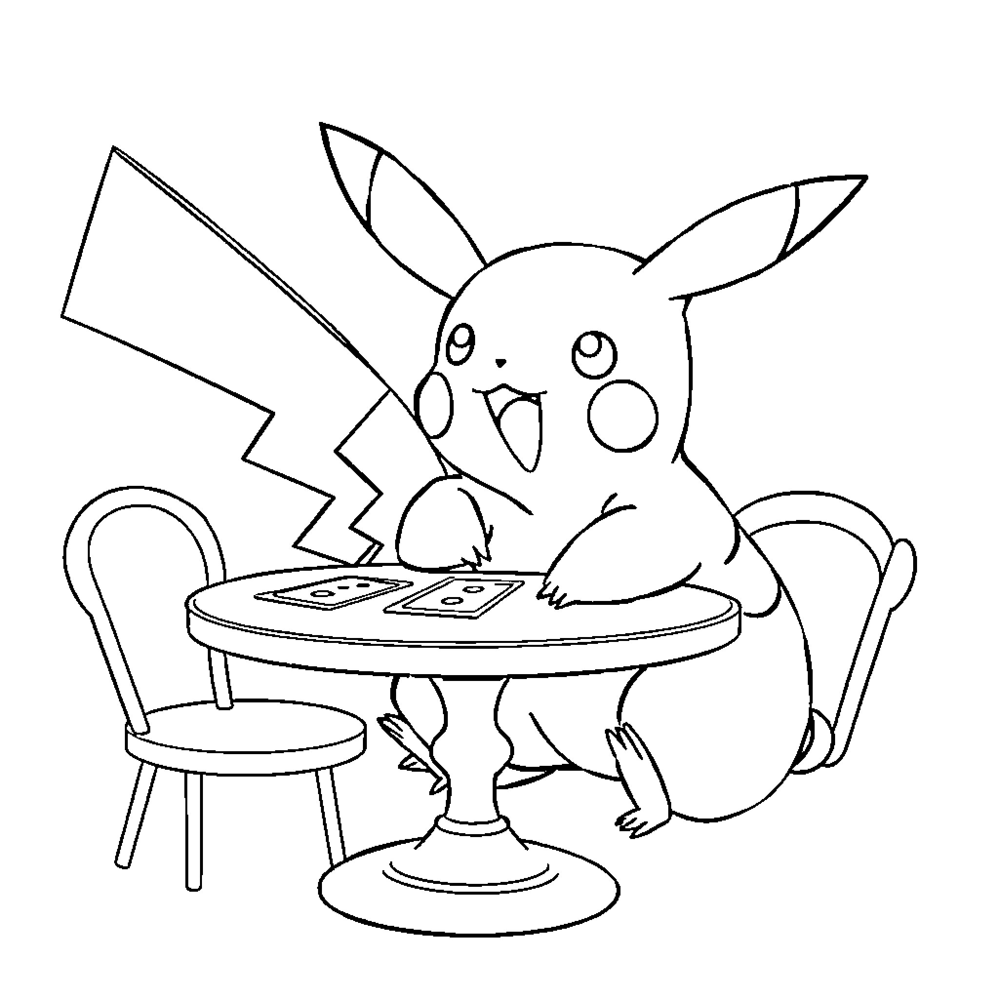 Pikachu playing video games at a table Coloring Page (free black-and-white line drawing printable PDF for all, from beginners to advanced learners, including children, teens, adults, and seniors)
