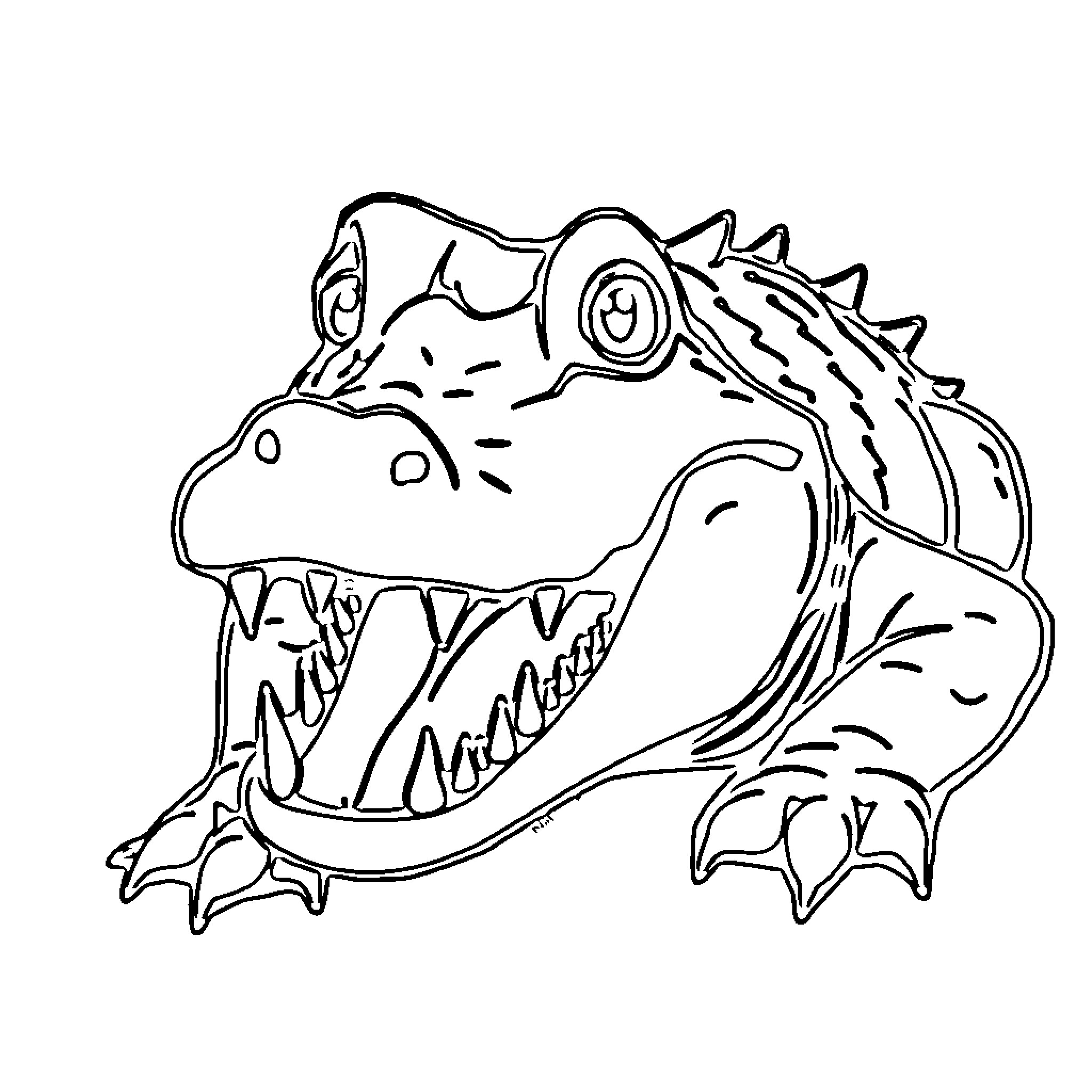Crocodile with wide open mouth and sharp teeth Coloring Page (free black-and-white line drawing printable PDF for all, from beginners to advanced learners, including children, teens, adults, and seniors)