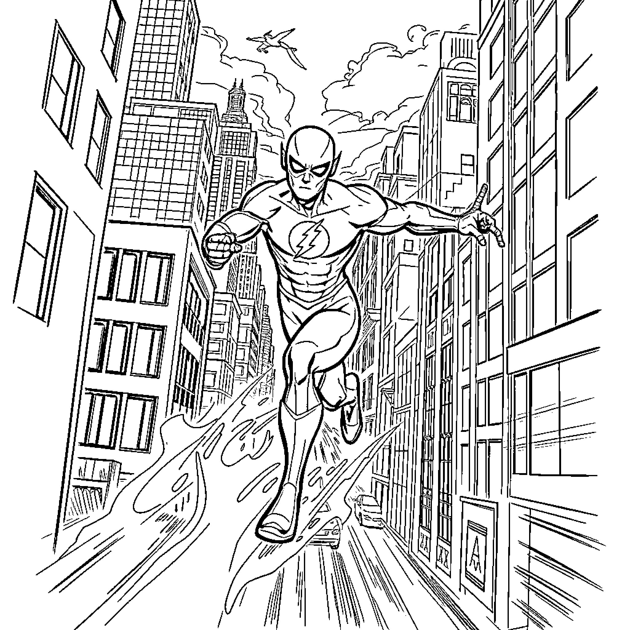 Flash Soaring Through City Skyline Coloring Page (free black-and-white line drawing printable PDF for all, from beginners to advanced learners, including children, teens, adults, and seniors)