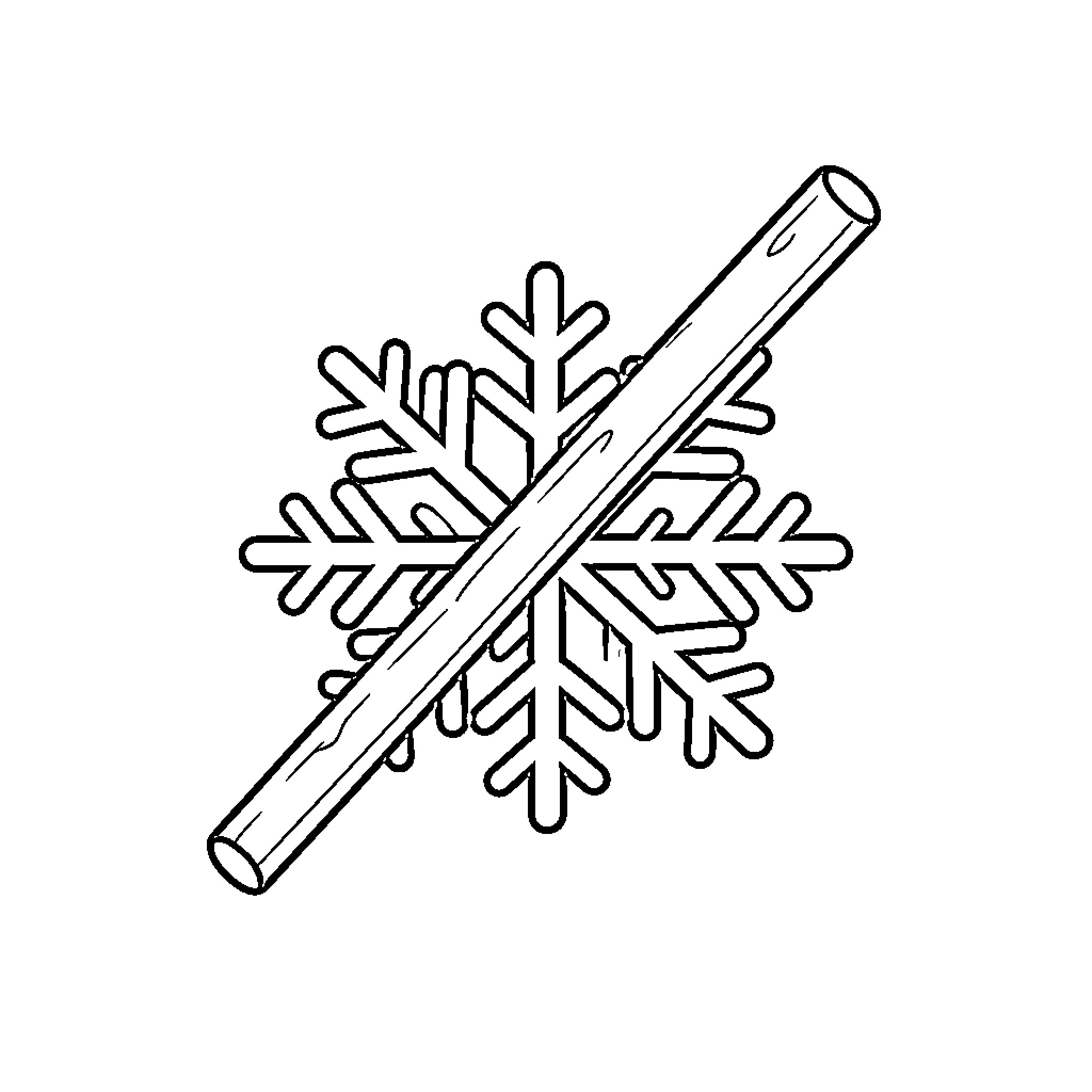 Stick shape crossing over a large snowflake Coloring Page (free black-and-white line drawing printable PDF for all, from beginners to advanced learners, including children, teens, adults, and seniors)
