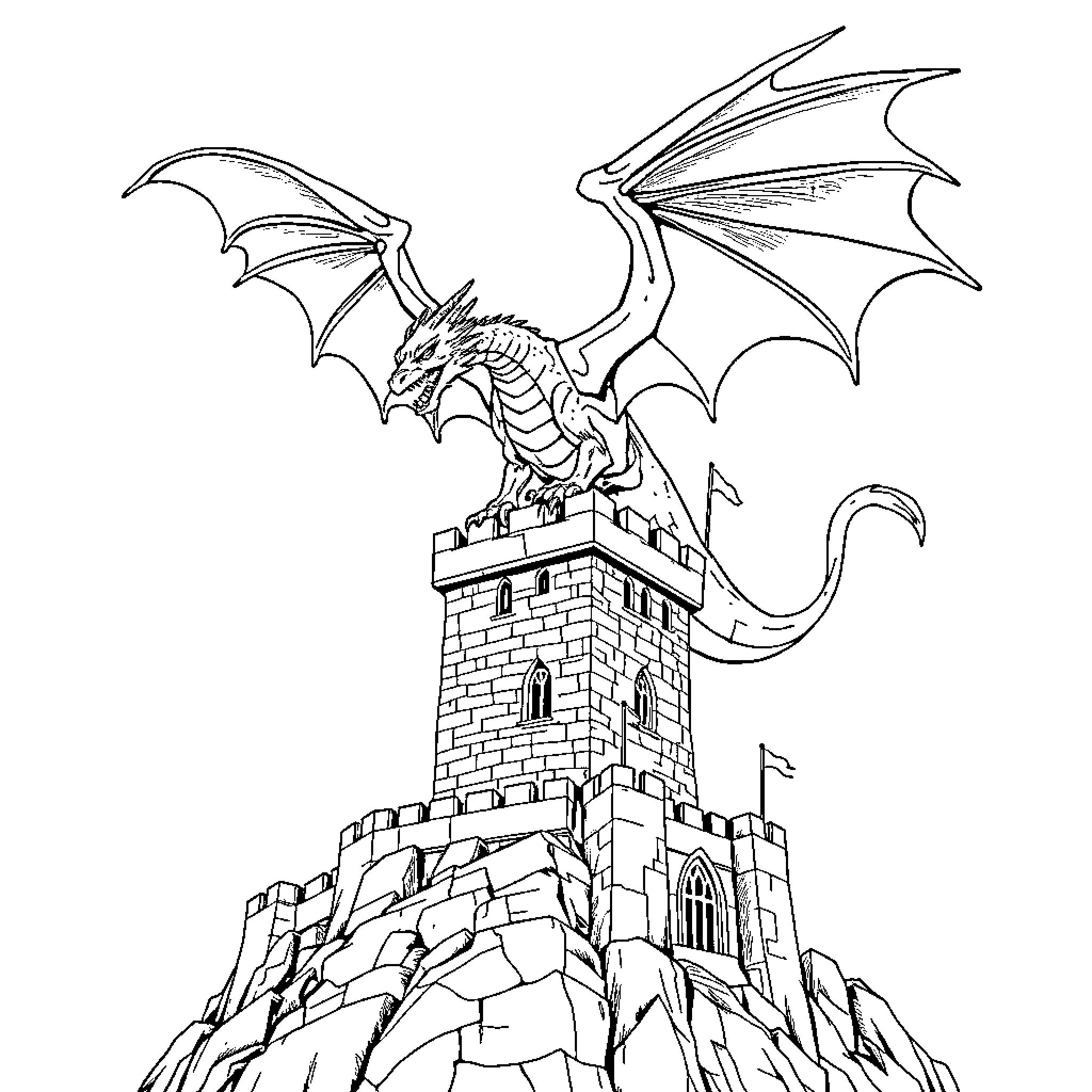 Dragon perching atop a grand fortress Coloring Page (free black-and-white line drawing printable PDF for all, from beginners to advanced learners, including children, teens, adults, and seniors)