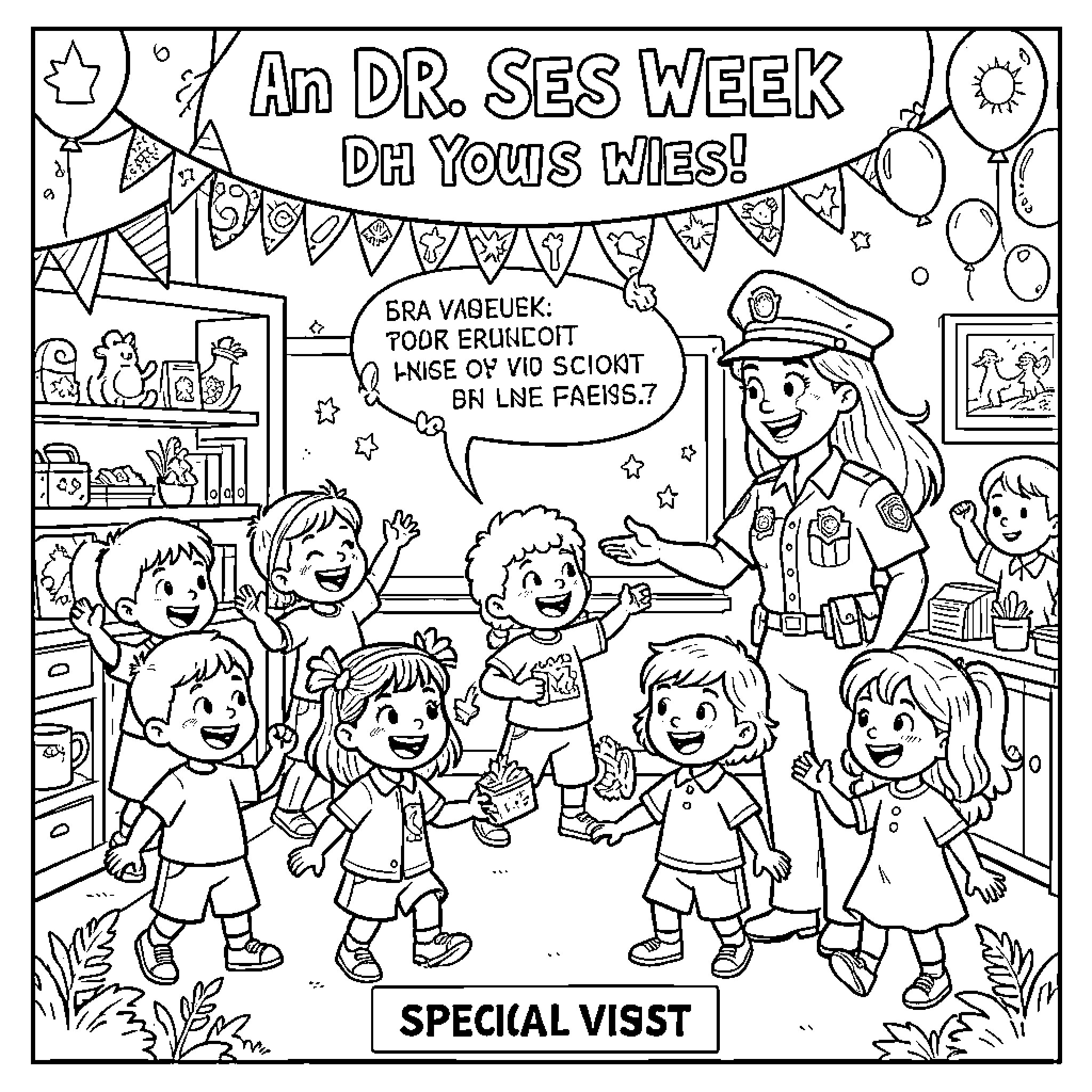 Police officers celebrate children's day with special event Coloring Page (free black-and-white line drawing printable PDF for all, from beginners to advanced learners, including children, teens, adults, and seniors)
