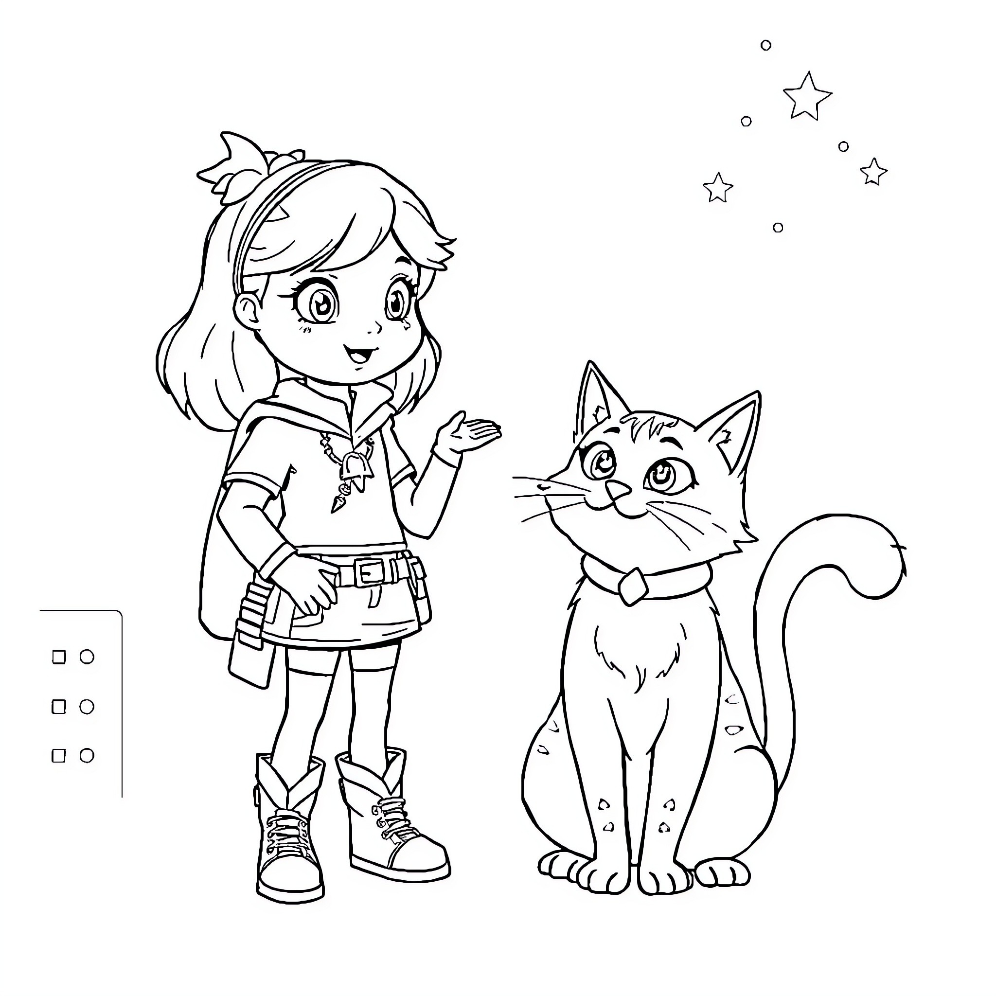 Gaby's Magical Adventure with Her Feline Friend Coloring Page (free black-and-white line drawing printable PDF for all, from beginners to advanced learners, including children, teens, adults, and seniors)