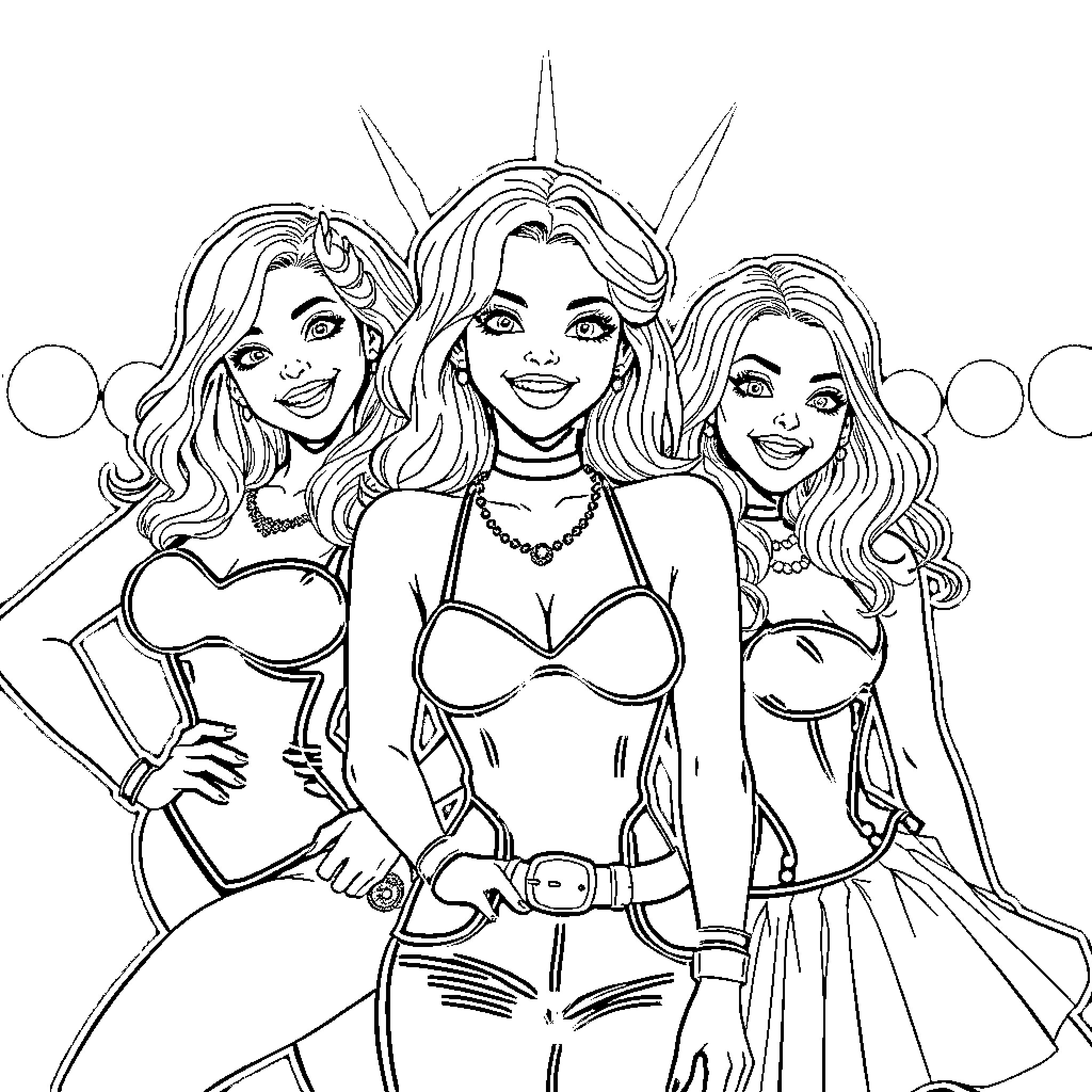 Pinup Girls Posing Playfully in Glamorous Outfits Coloring Page (free black-and-white line drawing printable PDF for all, from beginners to advanced learners, including children, teens, adults, and seniors)