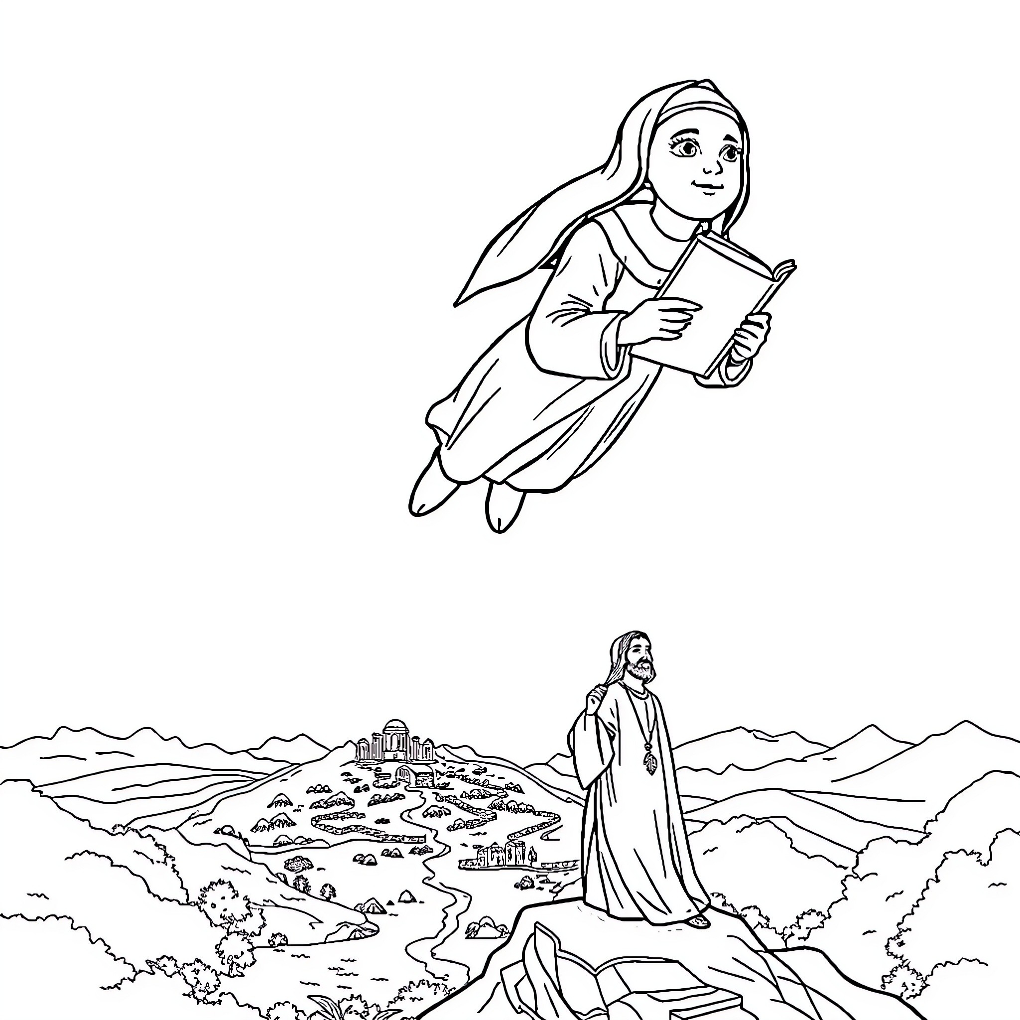 Nun on a spiritual journey through the mountains Coloring Page (free black-and-white line drawing printable PDF for all, from beginners to advanced learners, including children, teens, adults, and seniors)