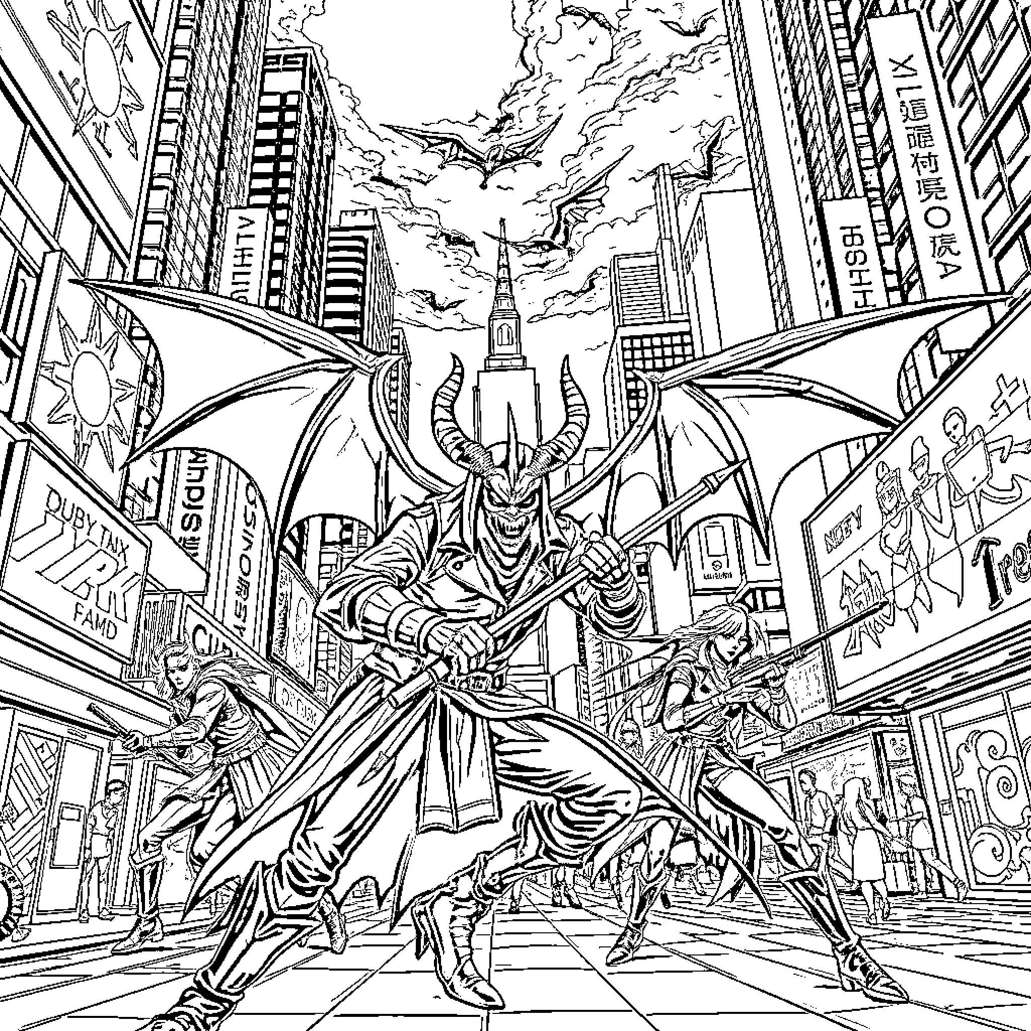 Demon Hunter Battles Foes in Chaotic City Landscape Coloring Page (free black-and-white line drawing printable PDF for all, from beginners to advanced learners, including children, teens, adults, and seniors)