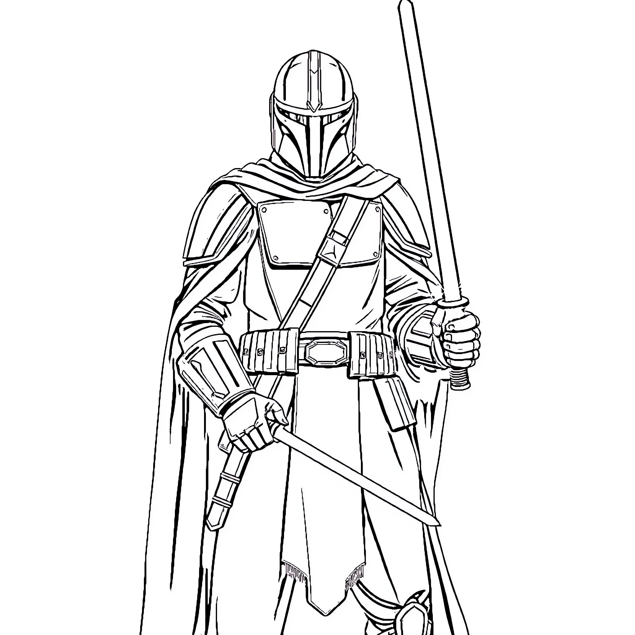 Mandalorian warrior stands ready with weapon Coloring Page (free black-and-white line drawing printable PDF for all, from beginners to advanced learners, including children, teens, adults, and seniors)
