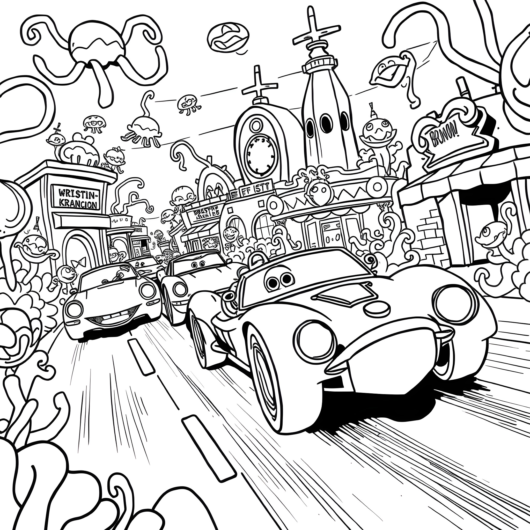 Car characters racing in a whimsical fantasy scene Coloring Page (free black-and-white line drawing printable PDF for all, from beginners to advanced learners, including children, teens, adults, and seniors)