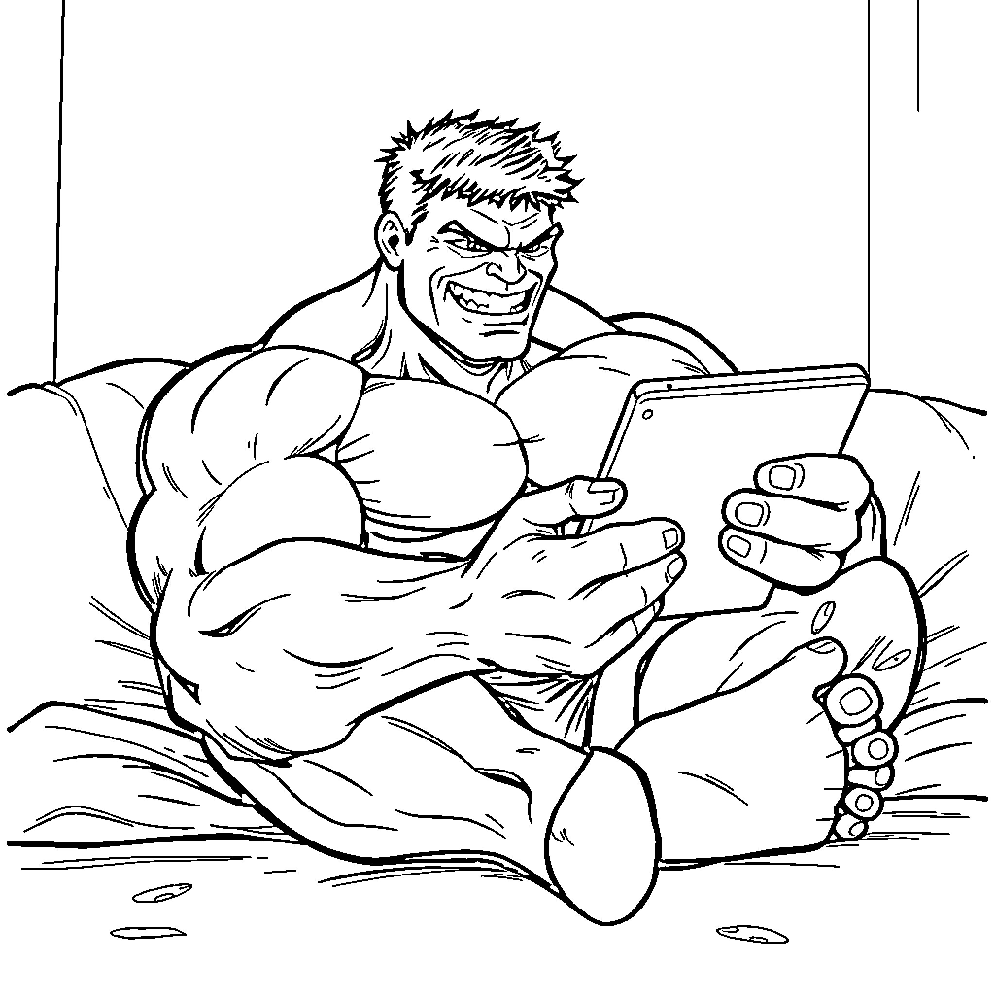 Hulk enjoys gaming on his smartphone Coloring Page (free black-and-white line drawing printable PDF for all, from beginners to advanced learners, including children, teens, adults, and seniors)