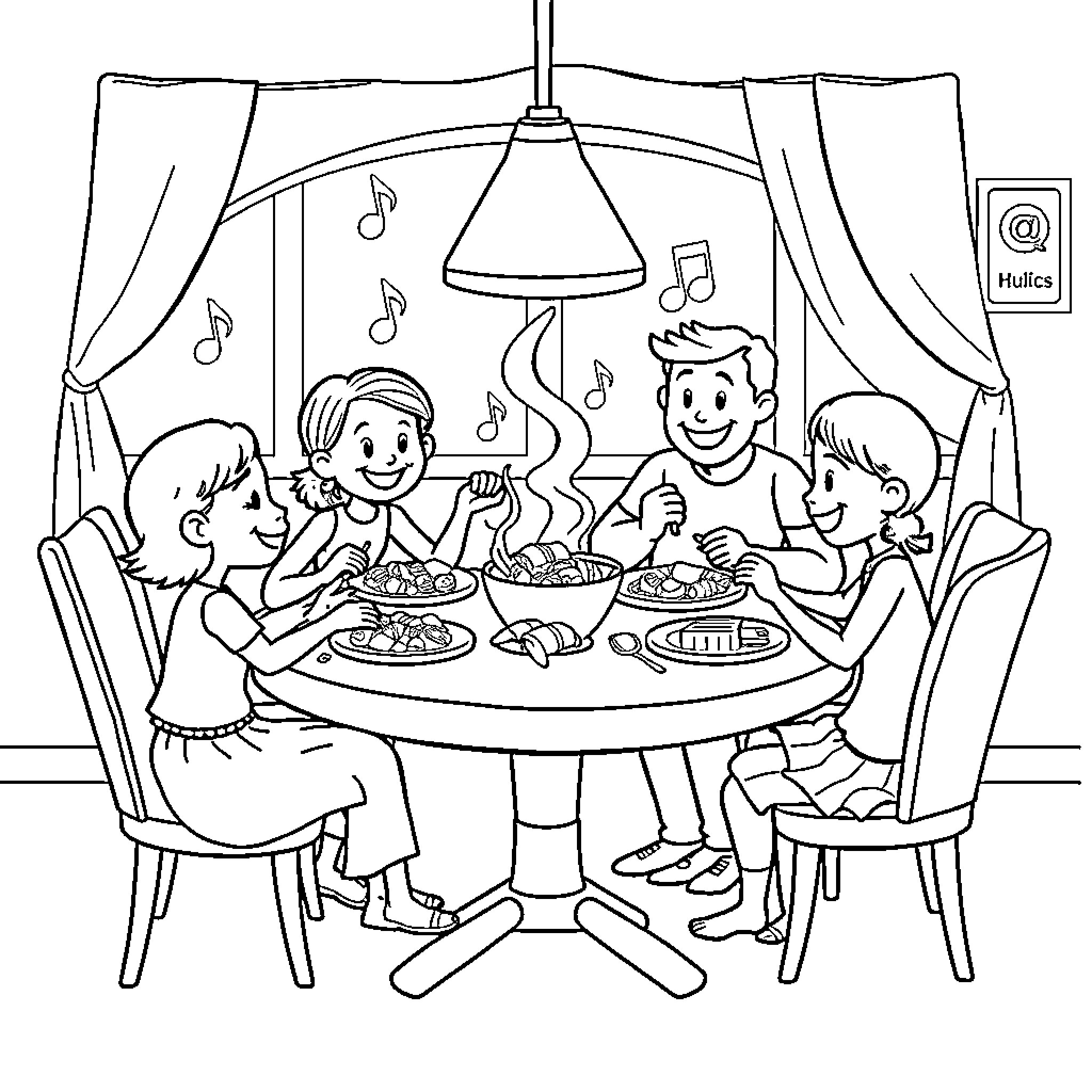 Musical Note Family Dinner Party Coloring Page (free black-and-white line drawing printable PDF for all, from beginners to advanced learners, including children, teens, adults, and seniors)