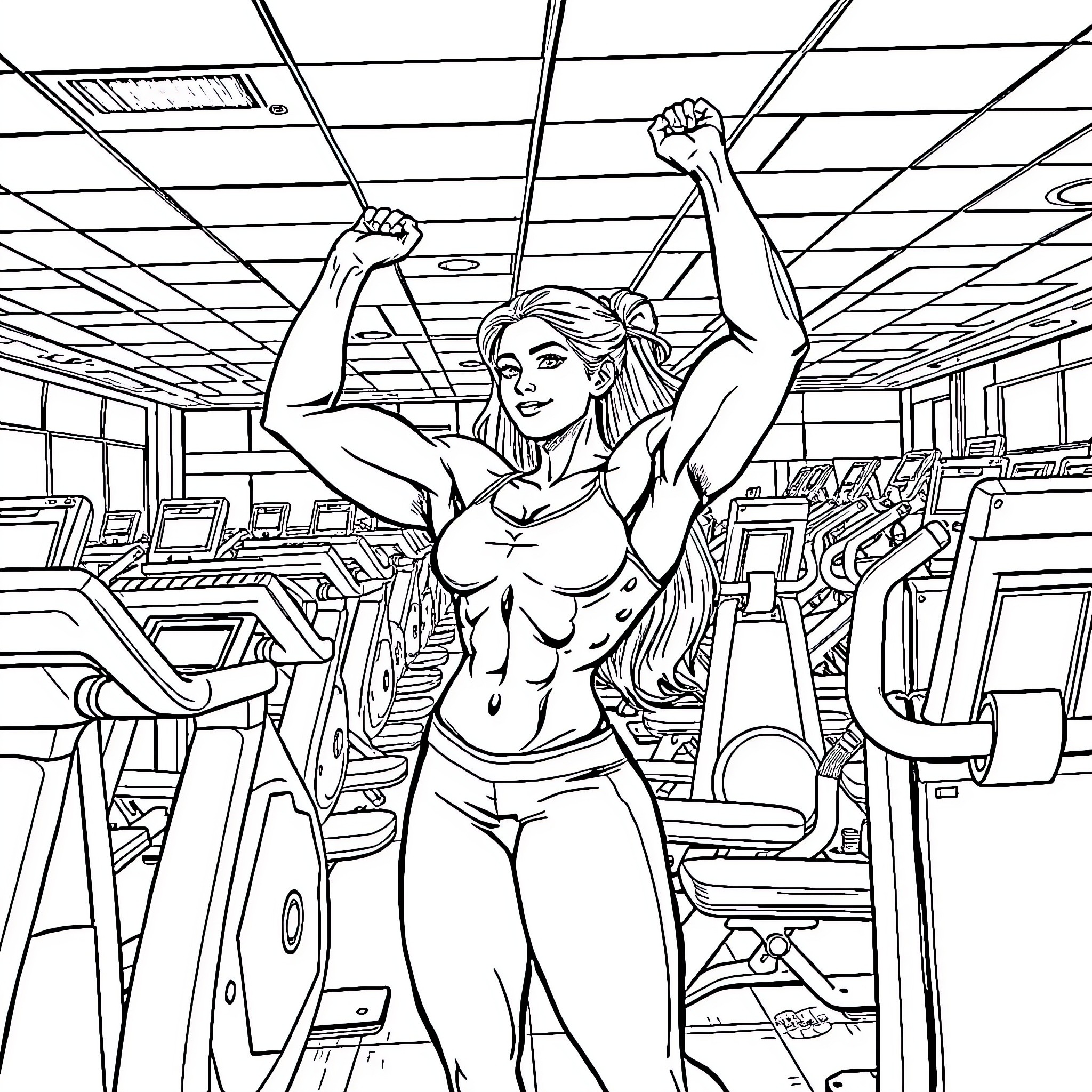 Persona of a Strong and Determined Woman in the Gym Coloring Page (free black-and-white line drawing printable PDF for all, from beginners to advanced learners, including children, teens, adults, and seniors)