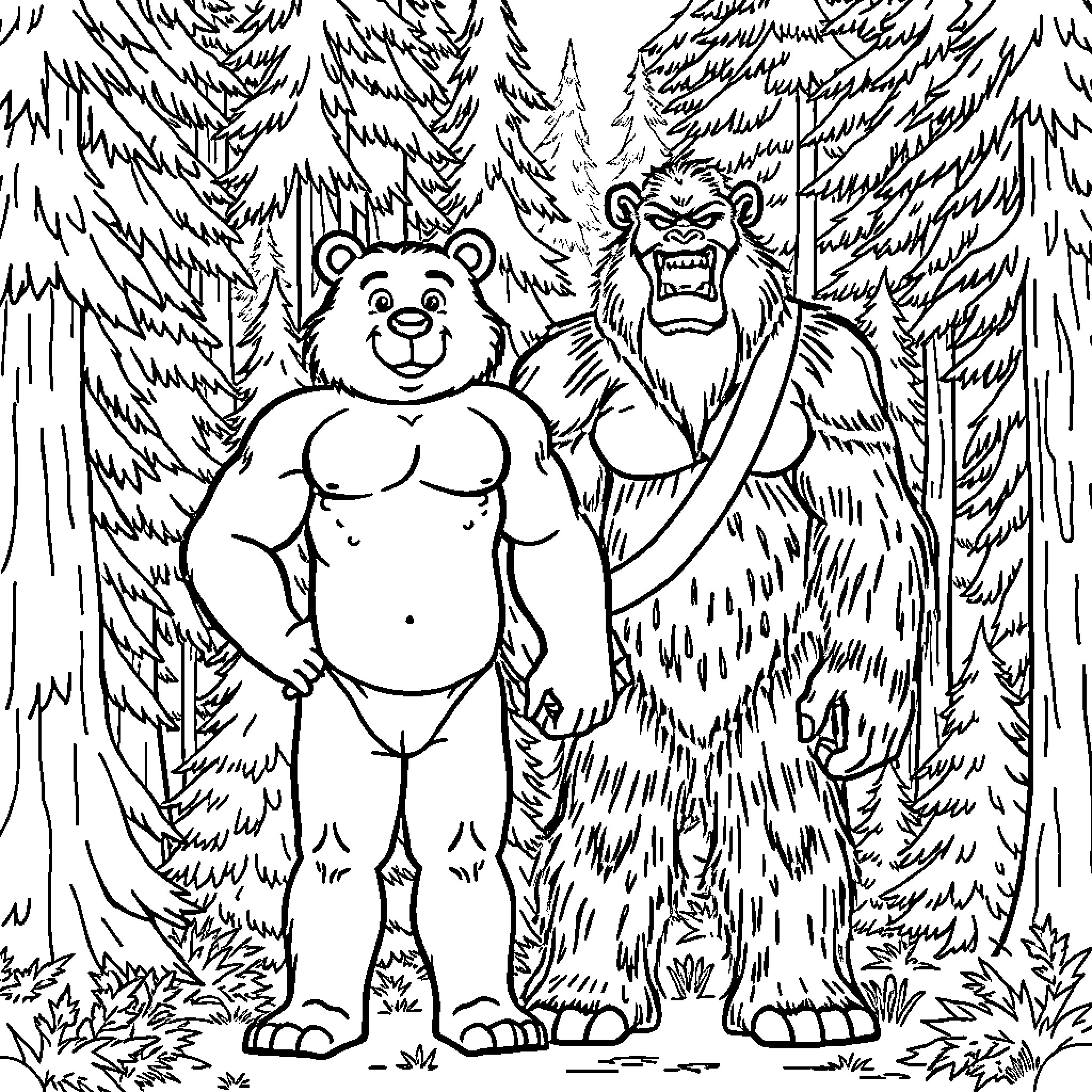 Smokey Bear and Bigfoot explore the forest Coloring Page (free black-and-white line drawing printable PDF for all, from beginners to advanced learners, including children, teens, adults, and seniors)