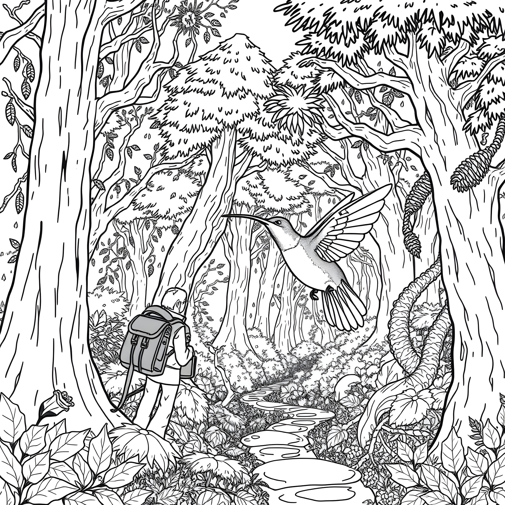 Hummingbird exploring the lush forest path Coloring Page (free black-and-white line drawing printable PDF for all, from beginners to advanced learners, including children, teens, adults, and seniors)