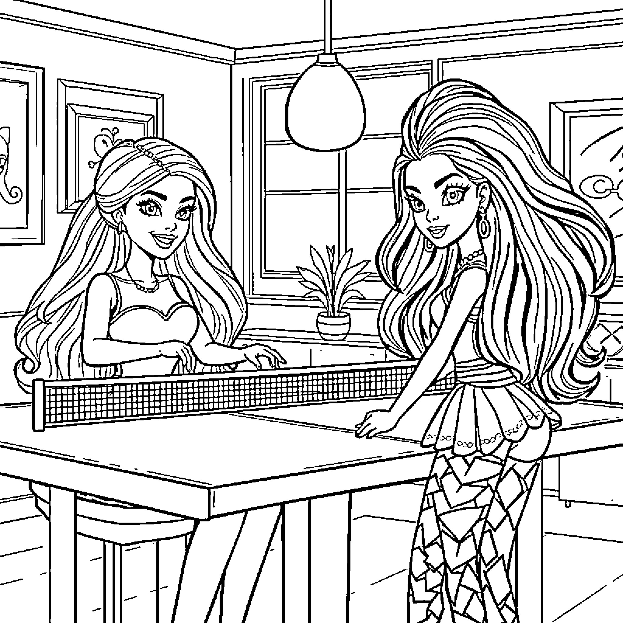 Barbie girls playing table tennis in the living room Coloring Page (free black-and-white line drawing printable PDF for all, from beginners to advanced learners, including children, teens, adults, and seniors)