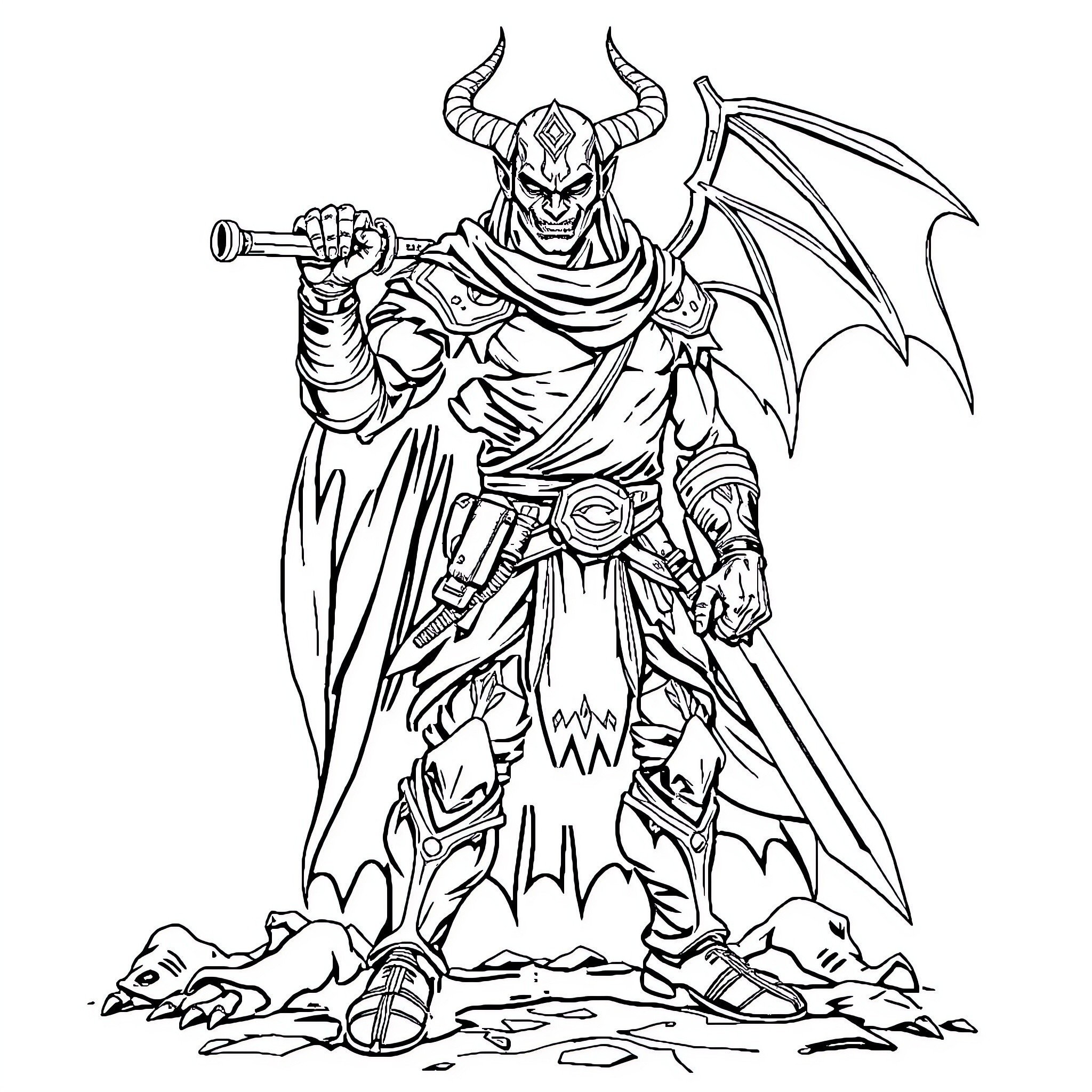 Demon Slayer in Fierce Battle Stance Coloring Page (free black-and-white line drawing printable PDF for all, from beginners to advanced learners, including children, teens, adults, and seniors)
