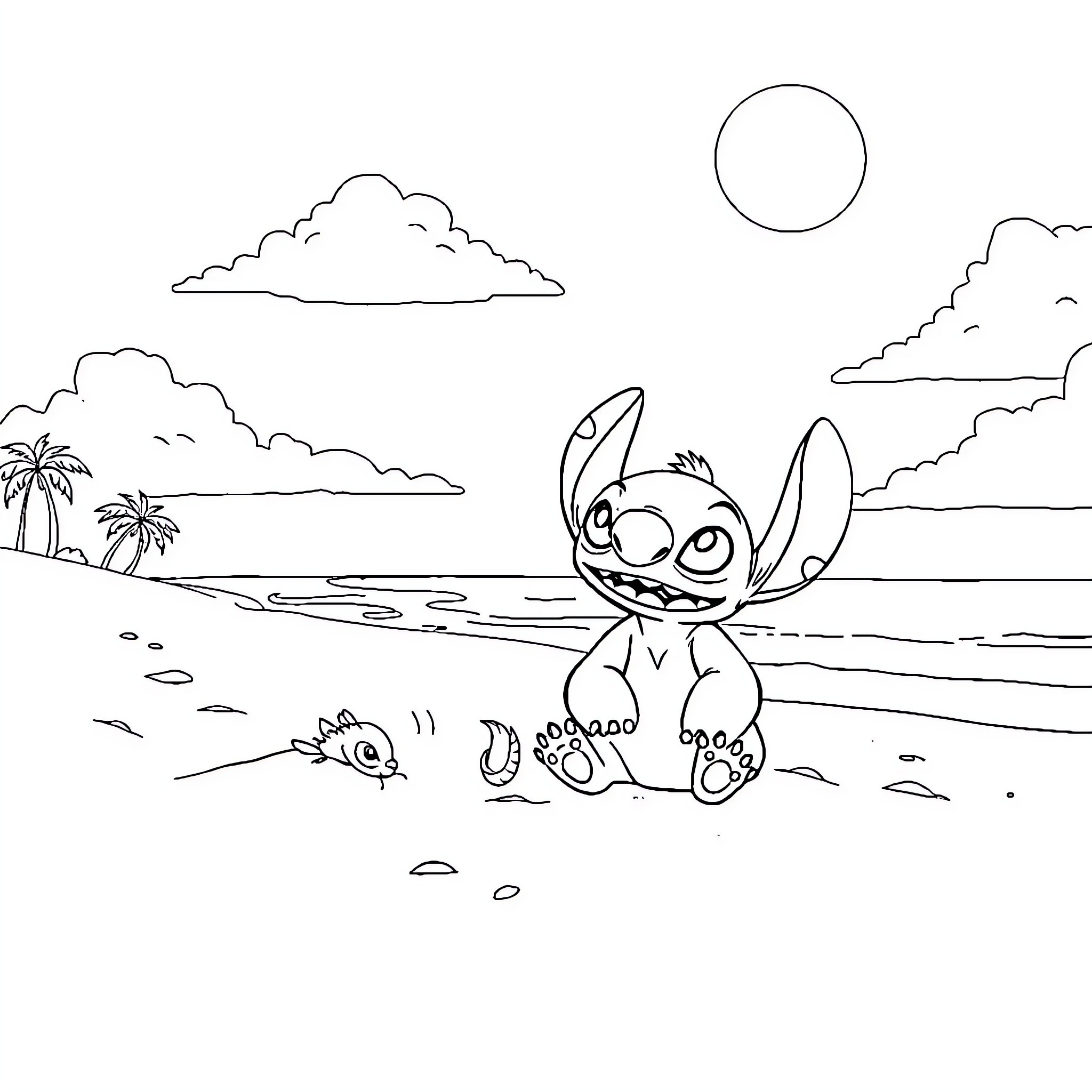 Lilo playing cheerfully on the beach Coloring Page (free black-and-white line drawing printable PDF for all, from beginners to advanced learners, including children, teens, adults, and seniors)