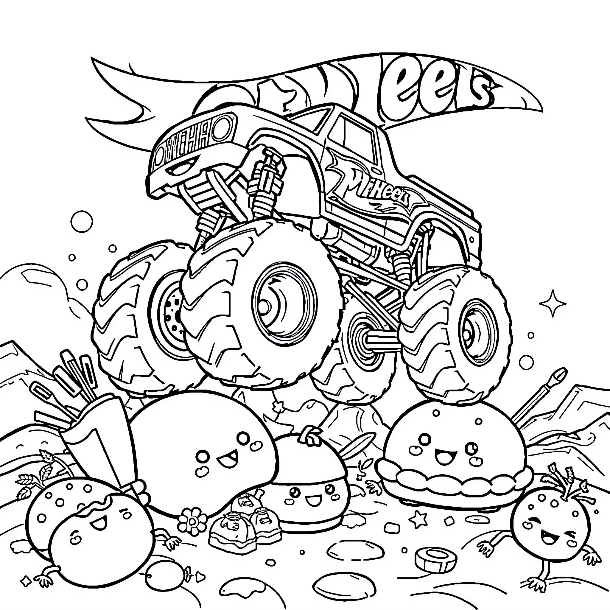 Monster Truck Crushing Whimsical Creatures Coloring Page (free black-and-white line drawing printable PDF for all, from beginners to advanced learners, including children, teens, adults, and seniors)
