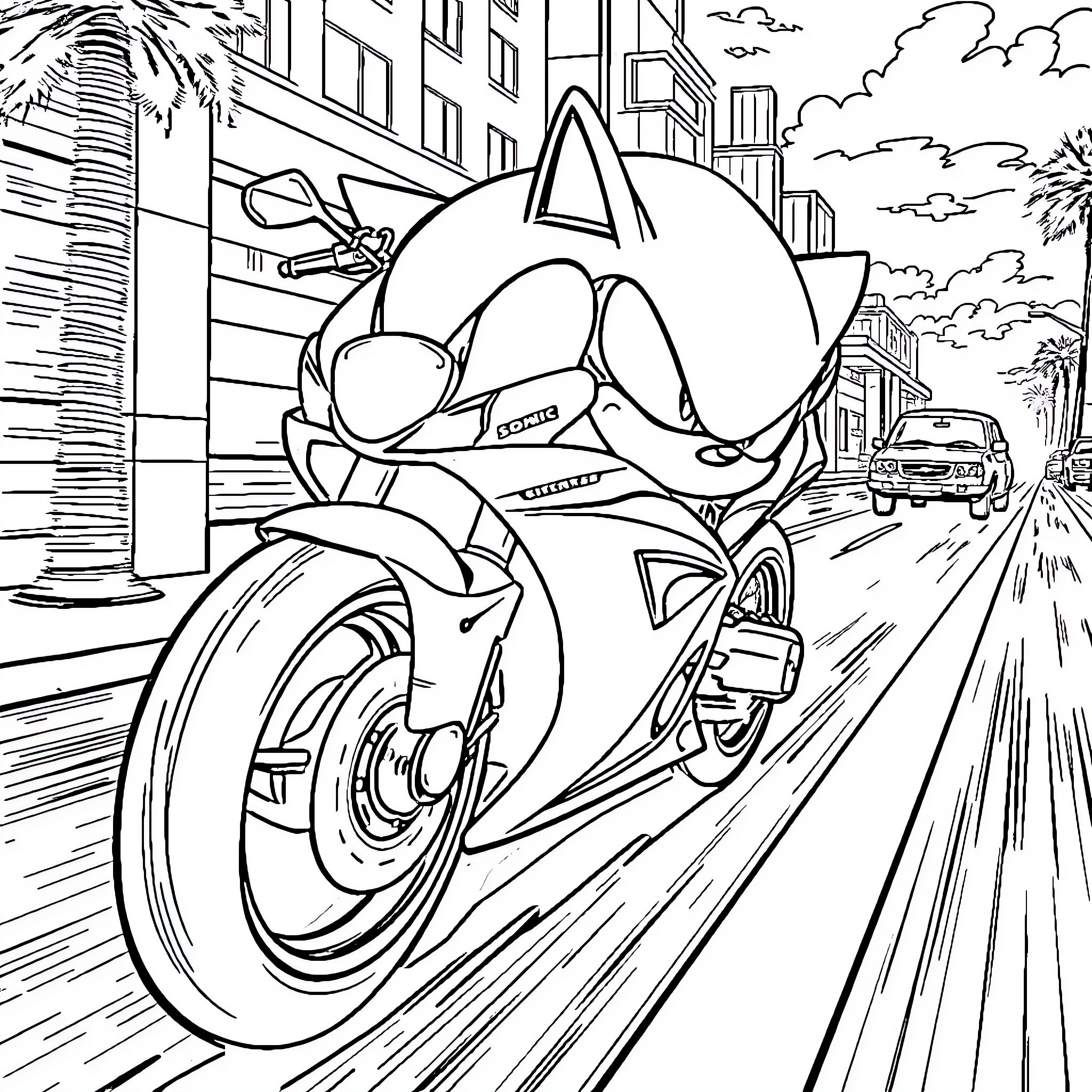 Sonic speeding down the city streets on his motorcycle Coloring Page (free black-and-white line drawing printable PDF for all, from beginners to advanced learners, including children, teens, adults, and seniors)