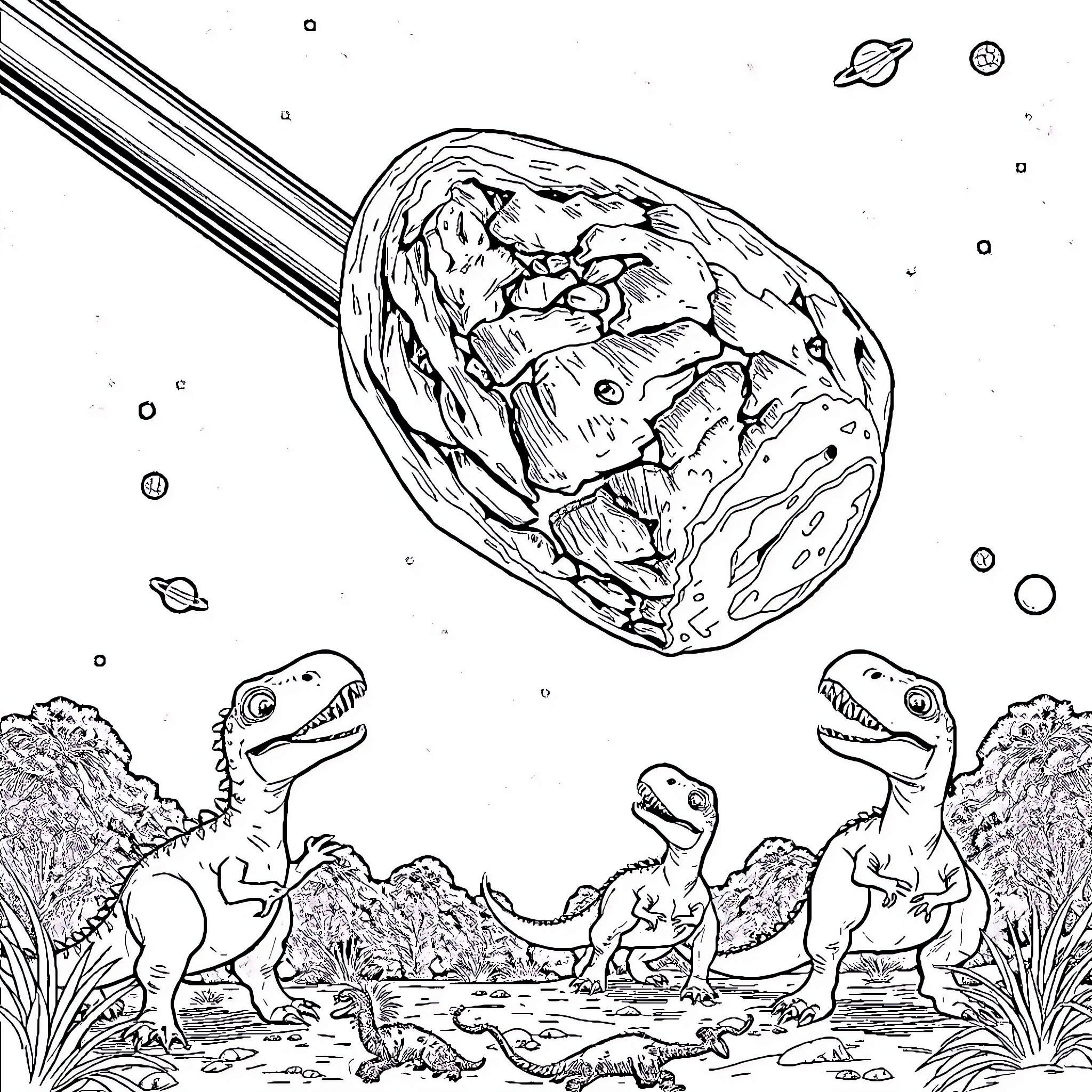 Asteroid crashing down as dinosaurs observe in wonder Coloring Page (free black-and-white line drawing printable PDF for all, from beginners to advanced learners, including children, teens, adults, and seniors)