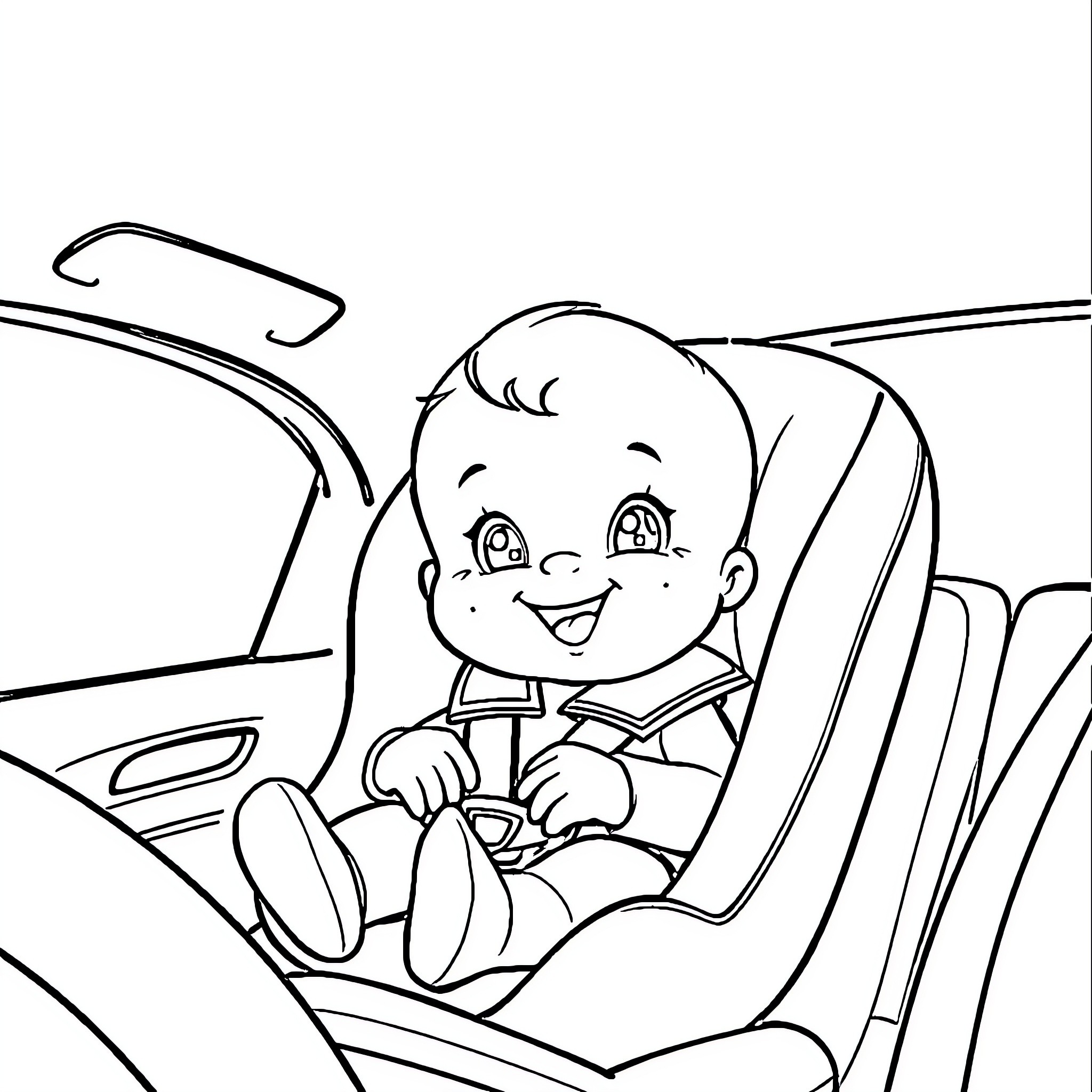 Baby sitting happily in car seat Coloring Page (free black-and-white line drawing printable PDF for all, from beginners to advanced learners, including children, teens, adults, and seniors)