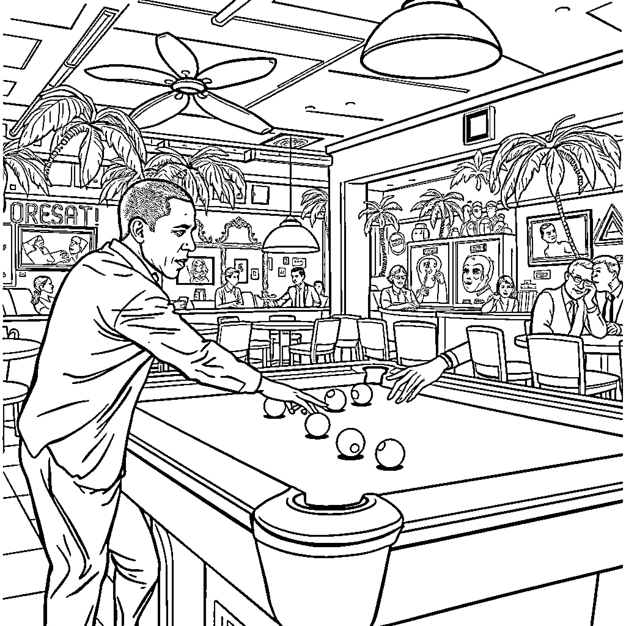 Obama playing pool in a tropical-themed bar Coloring Page (free black-and-white line drawing printable PDF for all, from beginners to advanced learners, including children, teens, adults, and seniors)
