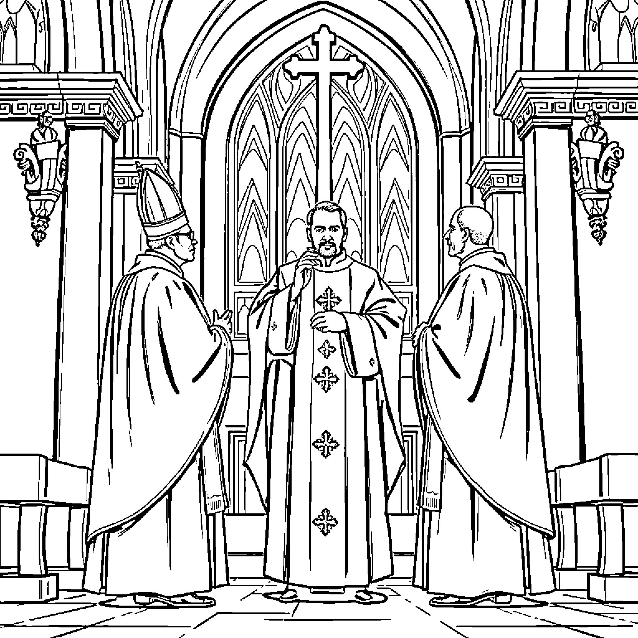 Catholic Priest Conducting Mass in a Gothic Cathedral Coloring Page (free black-and-white line drawing printable PDF for all, from beginners to advanced learners, including children, teens, adults, and seniors)