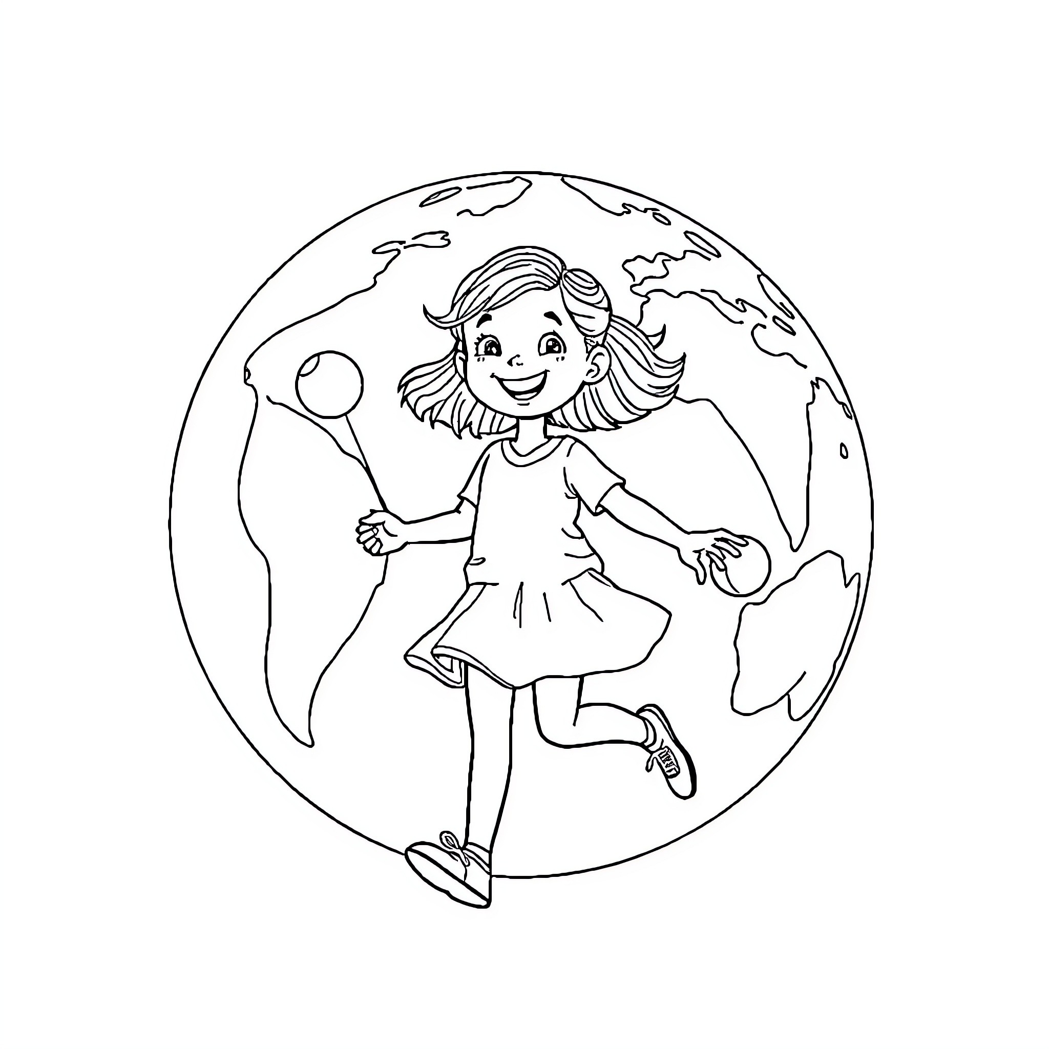 Girl jumping with joy around the world Coloring Page (free black-and-white line drawing printable PDF for all, from beginners to advanced learners, including children, teens, adults, and seniors)