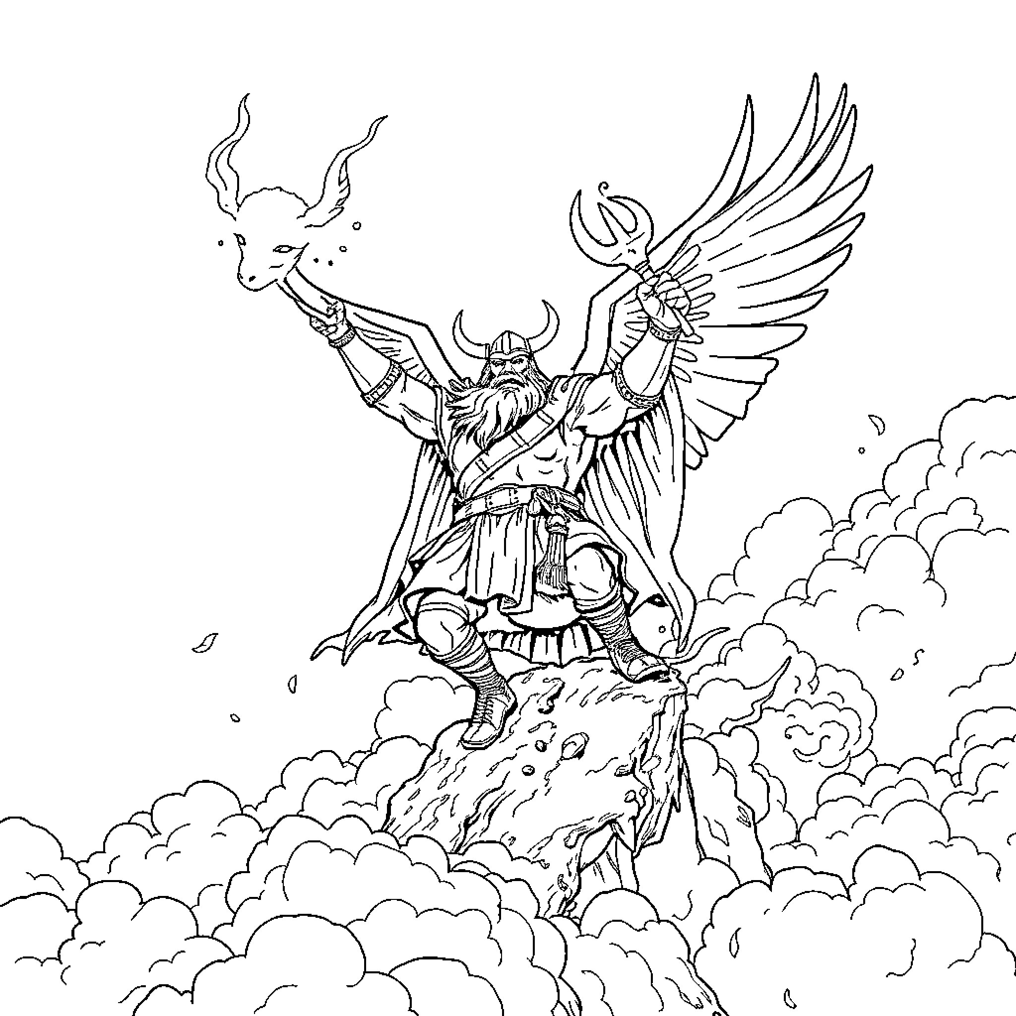 Viking deity wielding powerful weapons in the clouds Coloring Page (free black-and-white line drawing printable PDF for all, from beginners to advanced learners, including children, teens, adults, and seniors)