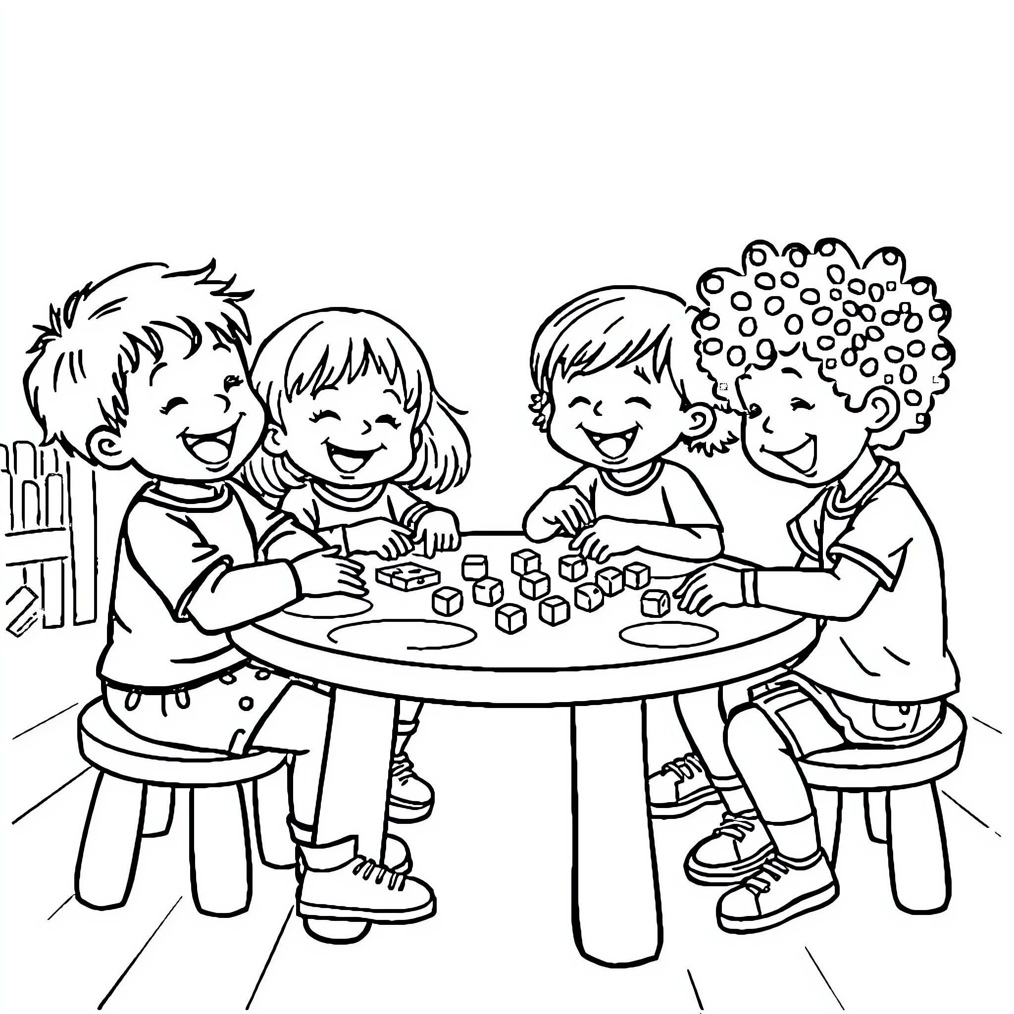 Child Playing with Friends at Craft Table Coloring Page (free black-and-white line drawing printable PDF for all, from beginners to advanced learners, including children, teens, adults, and seniors)