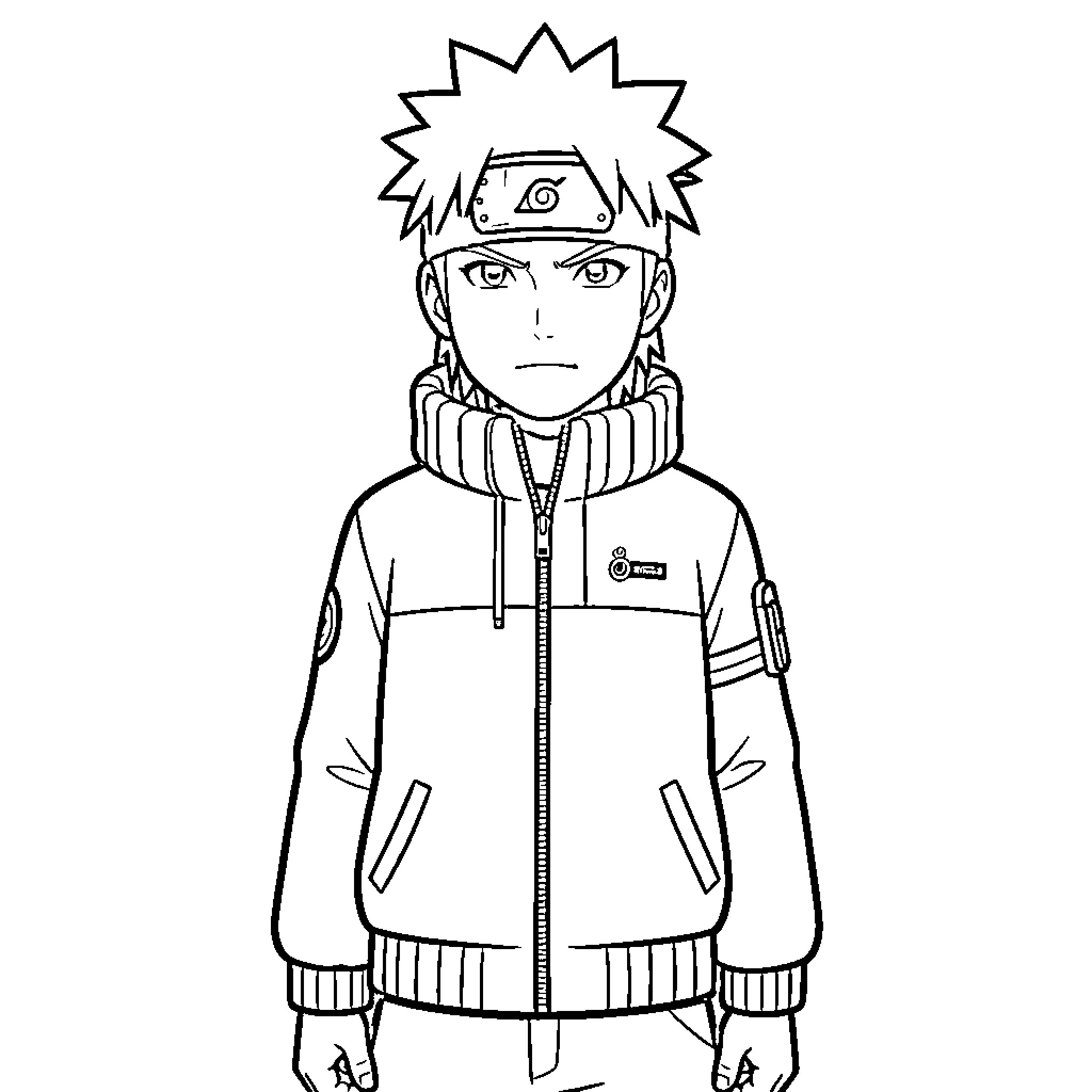 Naruto wearing a jacket with a serious expression Coloring Page (free black-and-white line drawing printable PDF for all, from beginners to advanced learners, including children, teens, adults, and seniors)