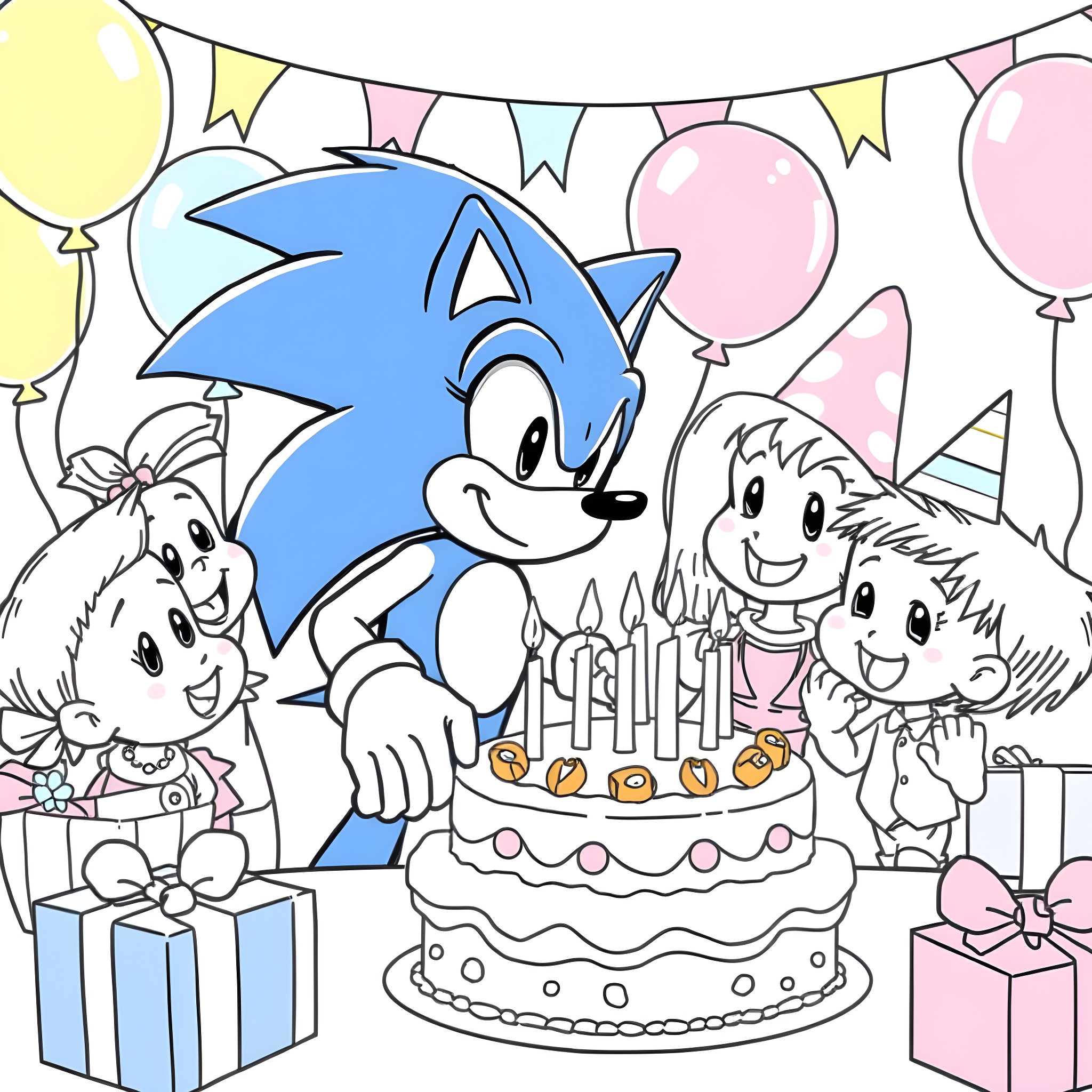 Sonic's Birthday Party with Friends and Celebration Coloring Page (free black-and-white line drawing printable PDF for all, from beginners to advanced learners, including children, teens, adults, and seniors)