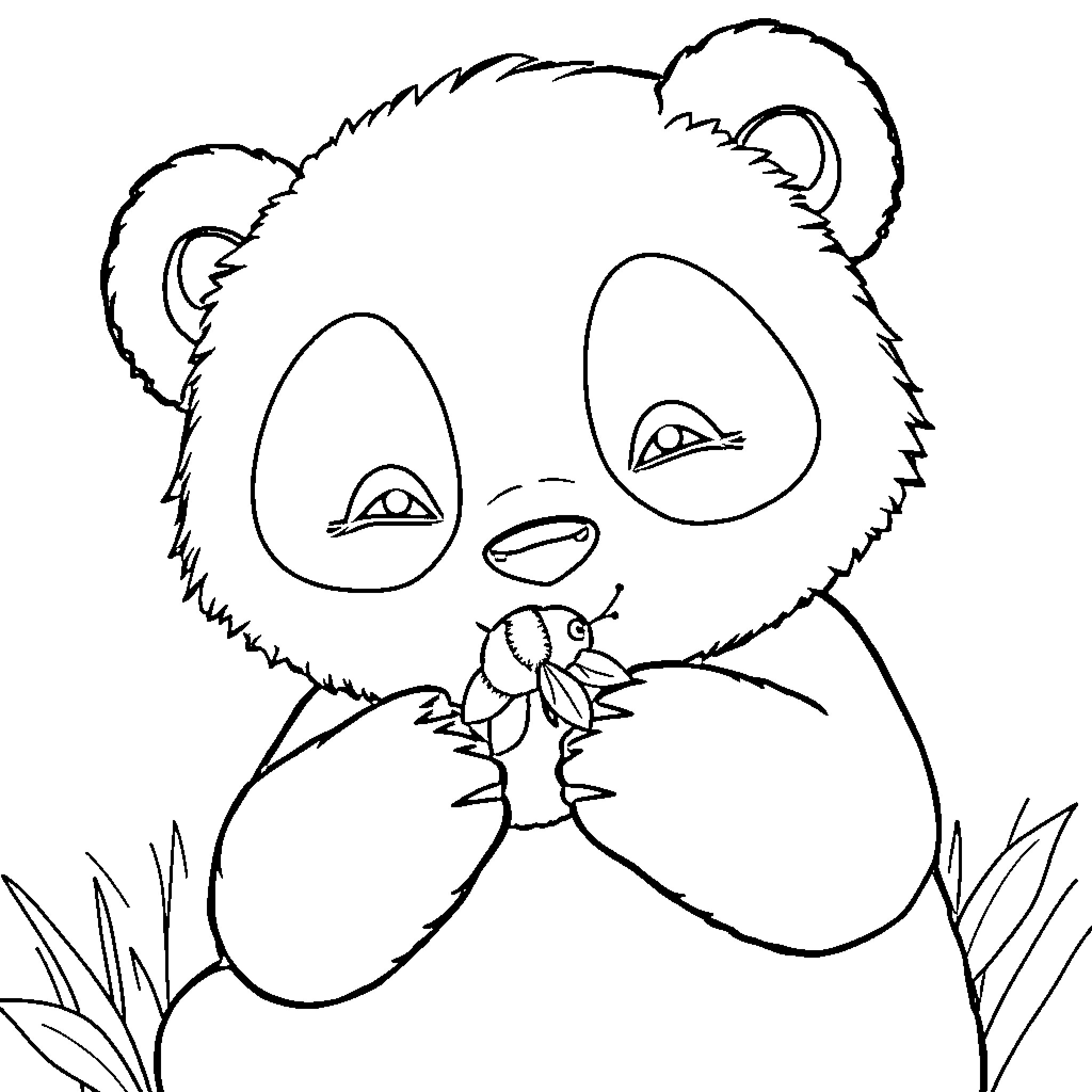 Panda holding a flower with joy Coloring Page (free black-and-white line drawing printable PDF for all, from beginners to advanced learners, including children, teens, adults, and seniors)