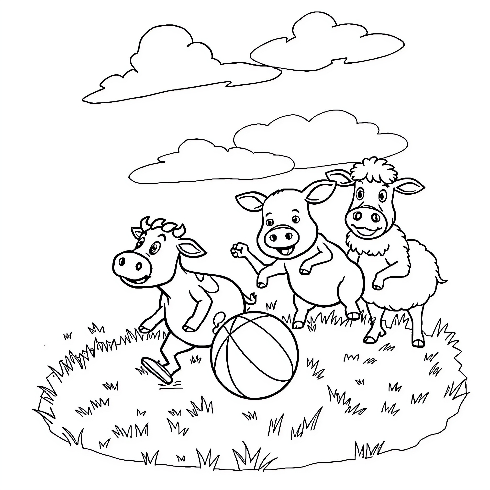 Farm Animals Playing with Ball in Field Coloring Page (free black-and-white line drawing printable PDF for all, from beginners to advanced learners, including children, teens, adults, and seniors)