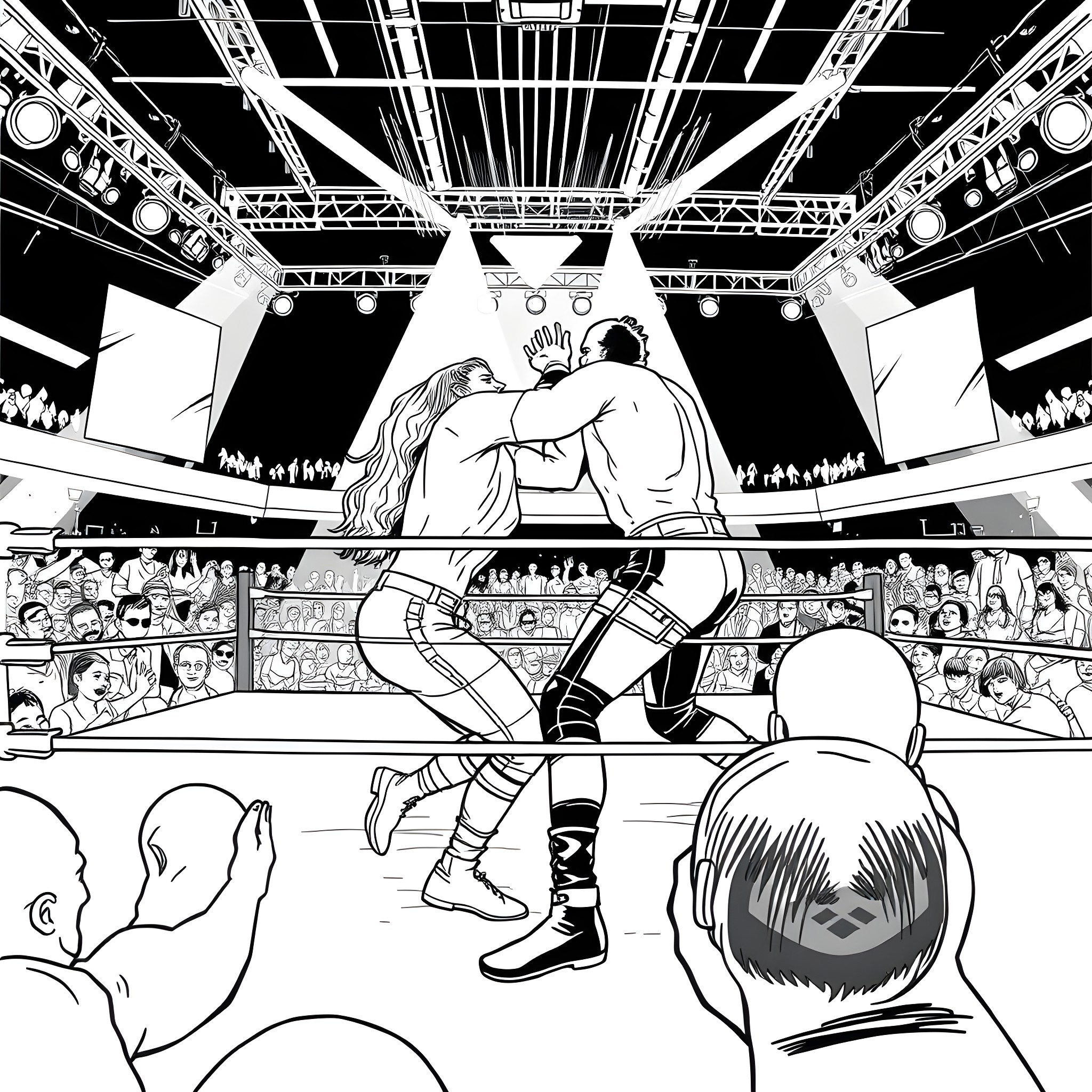 Wrestling match in an arena with spectators Coloring Page (free black-and-white line drawing printable PDF for all, from beginners to advanced learners, including children, teens, adults, and seniors)