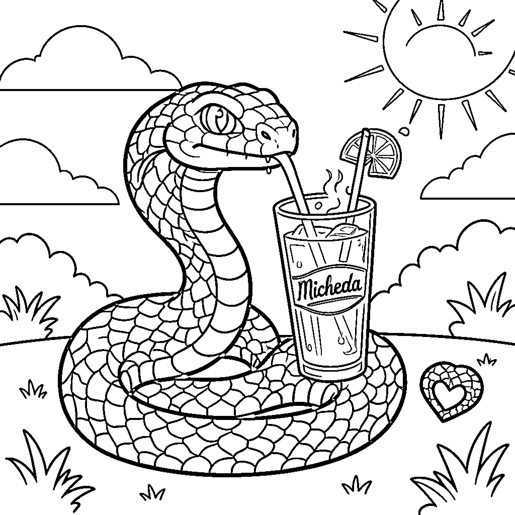 Serpiente enjoying refreshing drink in sunny outdoors Coloring Page (free black-and-white line drawing printable PDF for all, from beginners to advanced learners, including children, teens, adults, and seniors)