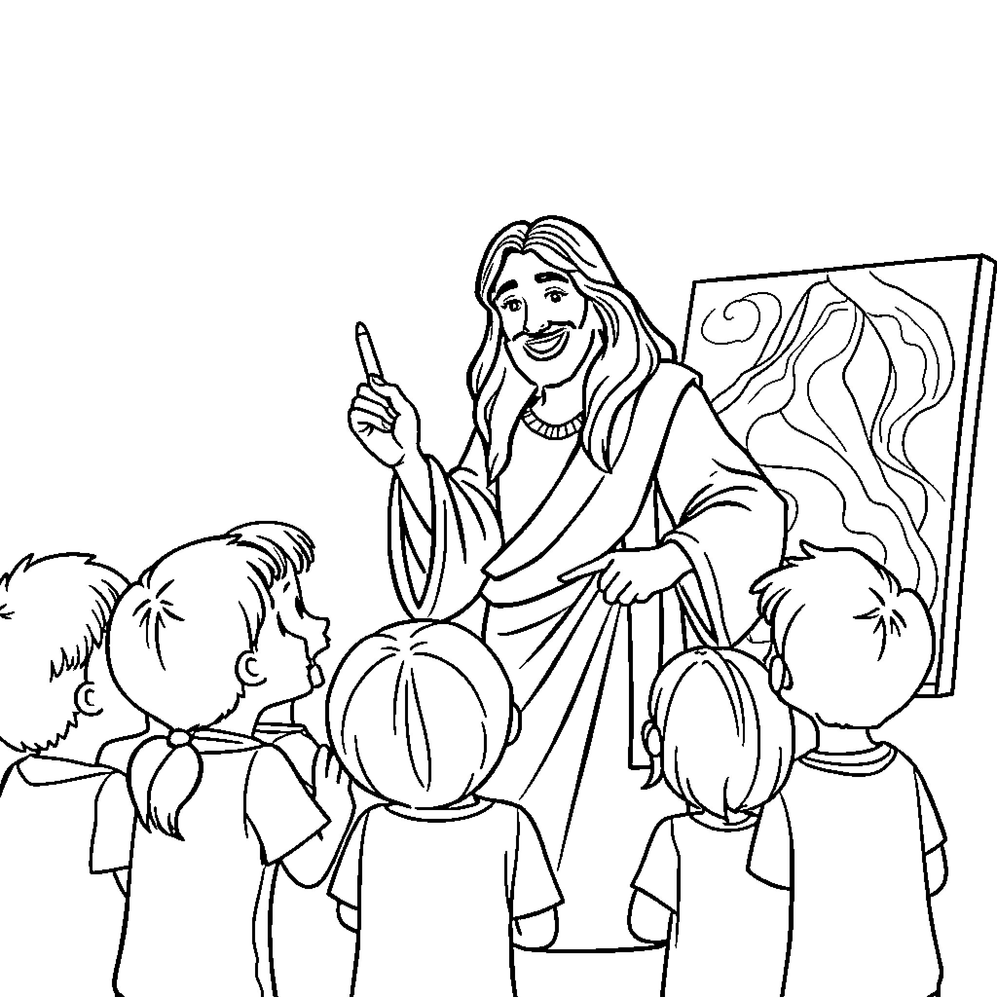 Jesus Teaches and Interacts with Children Coloring Page (free black-and-white line drawing printable PDF for all, from beginners to advanced learners, including children, teens, adults, and seniors)