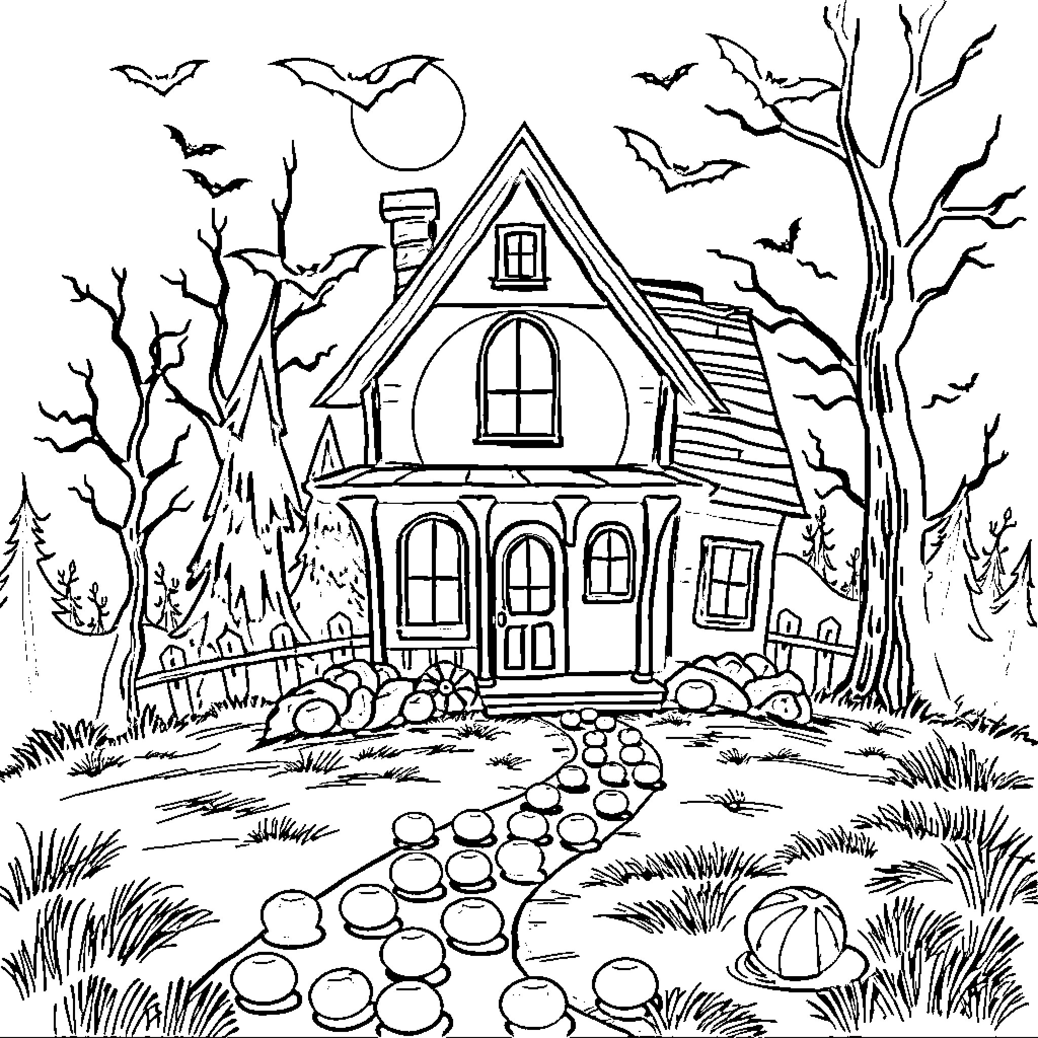 House with spooky trees and bats in the night Coloring Page (free black-and-white line drawing printable PDF for all, from beginners to advanced learners, including children, teens, adults, and seniors)