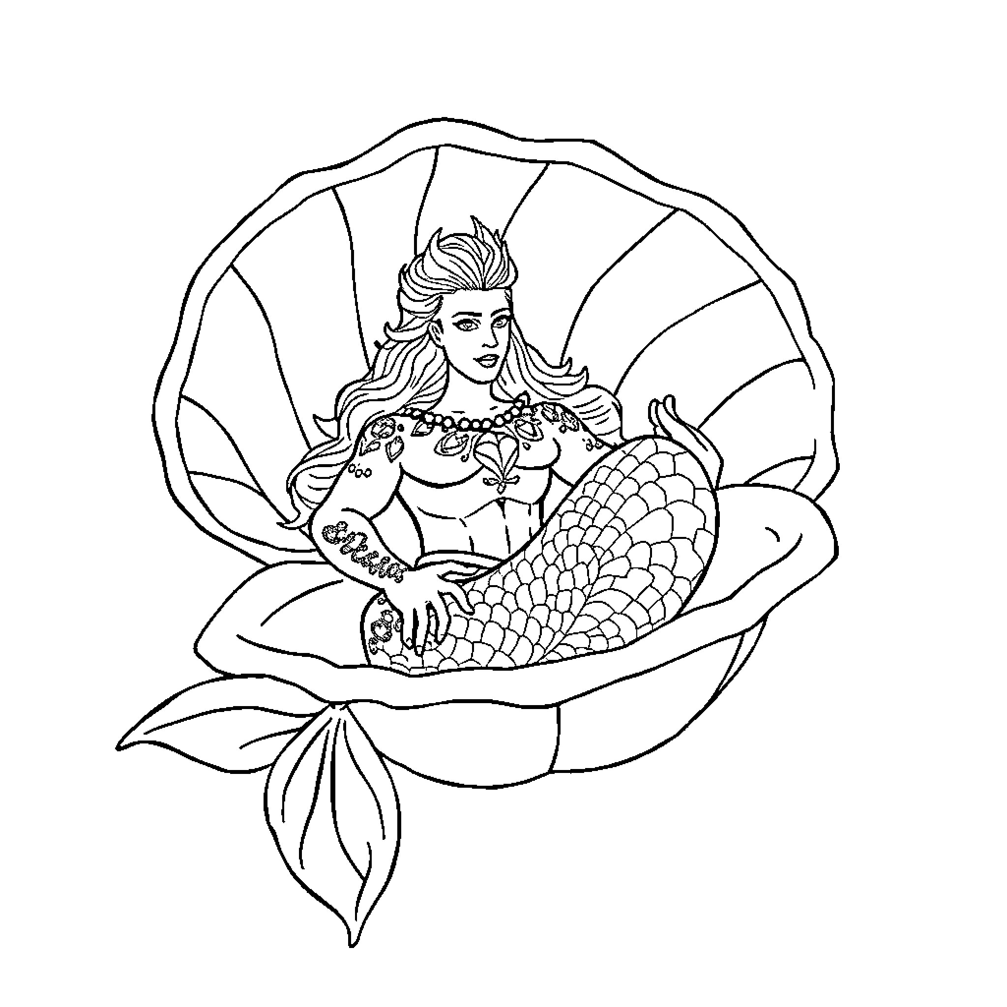 Merman emerging from a giant seashell Coloring Page (free black-and-white line drawing printable PDF for all, from beginners to advanced learners, including children, teens, adults, and seniors)