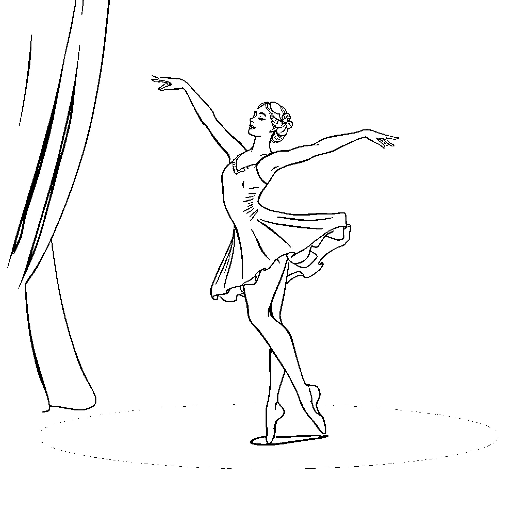 Ballerina performing a graceful dance on stage Coloring Page (free black-and-white line drawing printable PDF for all, from beginners to advanced learners, including children, teens, adults, and seniors)