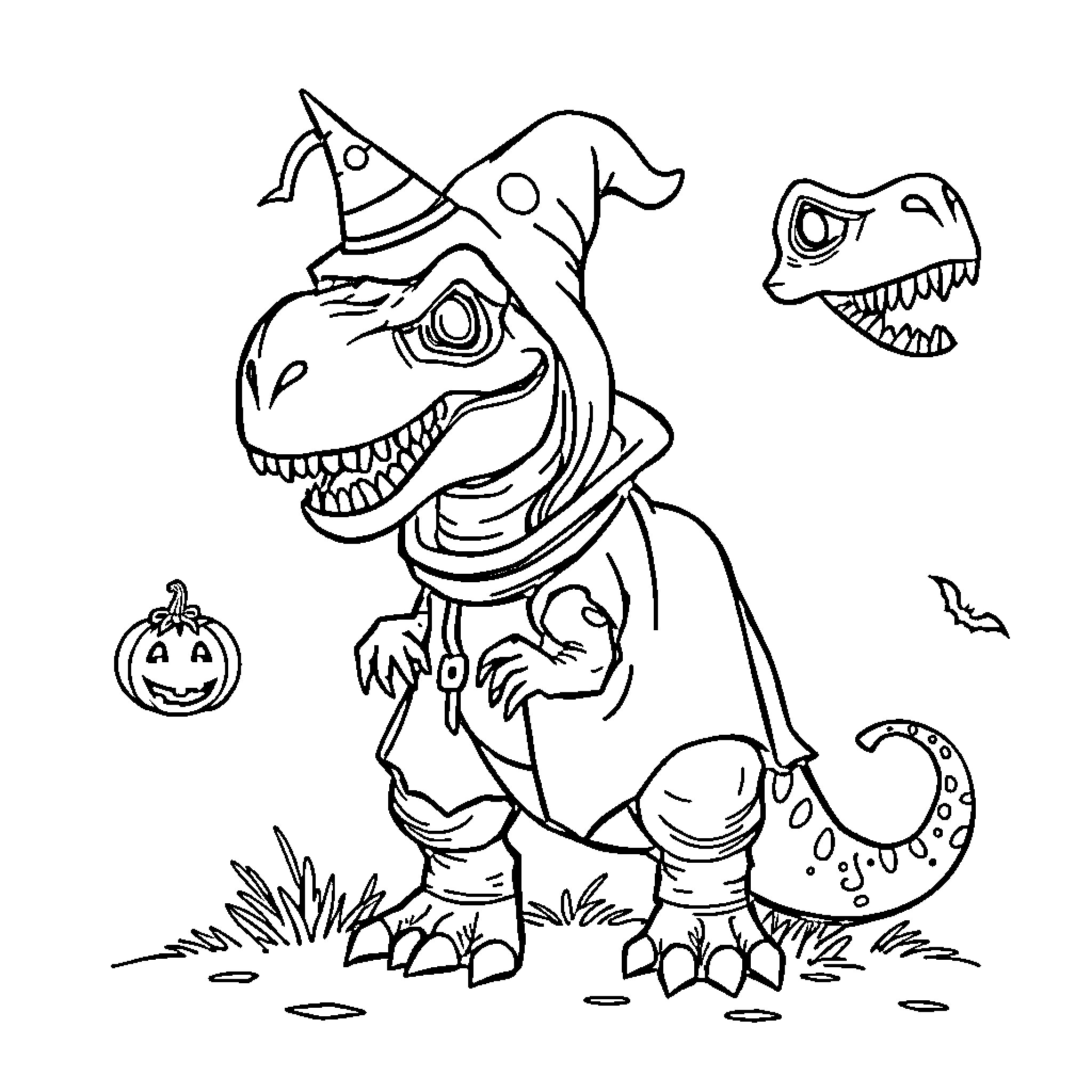 Dinosaur dressed up for a Halloween party Coloring Page (free black-and-white line drawing printable PDF for all, from beginners to advanced learners, including children, teens, adults, and seniors)