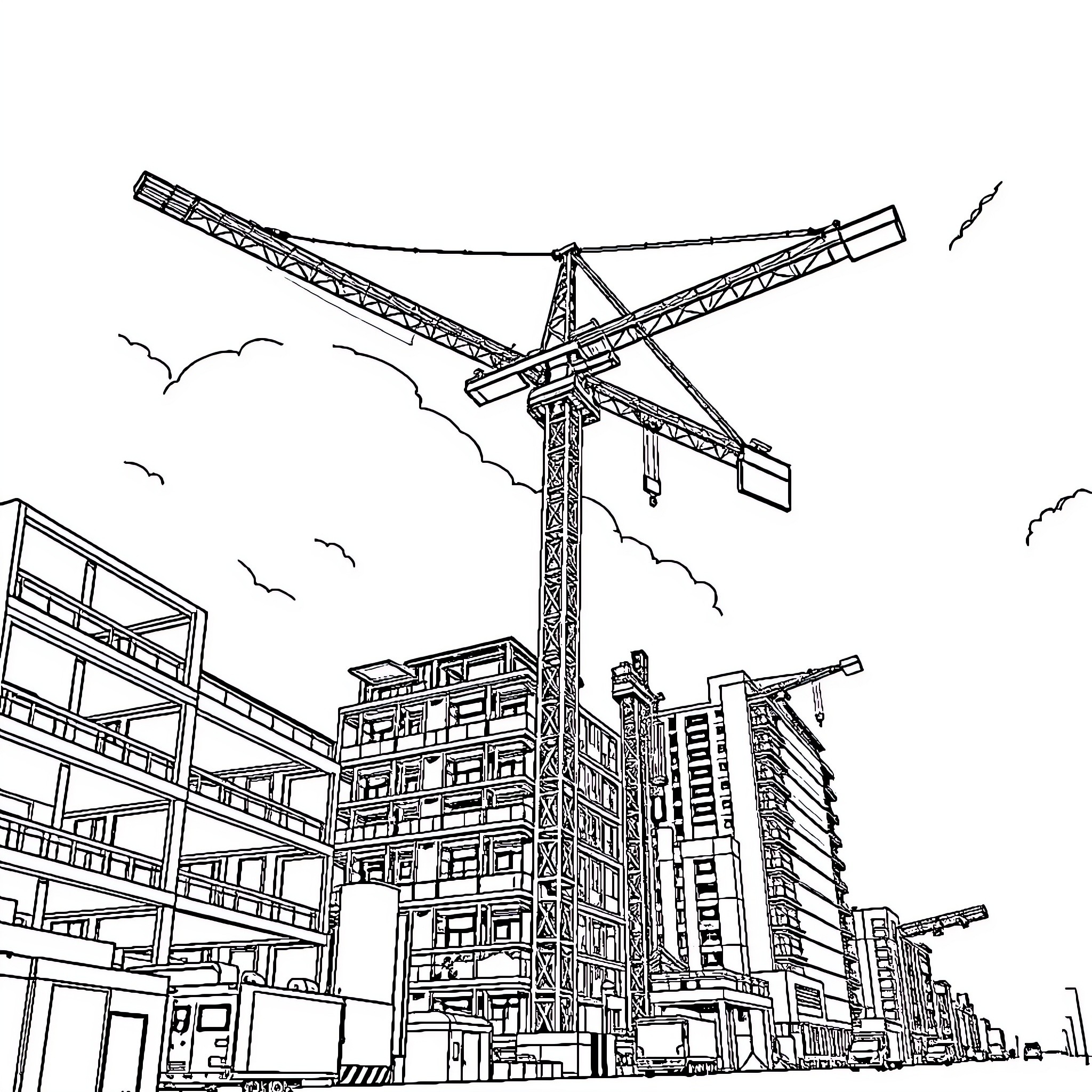 Crane constructing tall buildings in the city Coloring Page (free black-and-white line drawing printable PDF for all, from beginners to advanced learners, including children, teens, adults, and seniors)