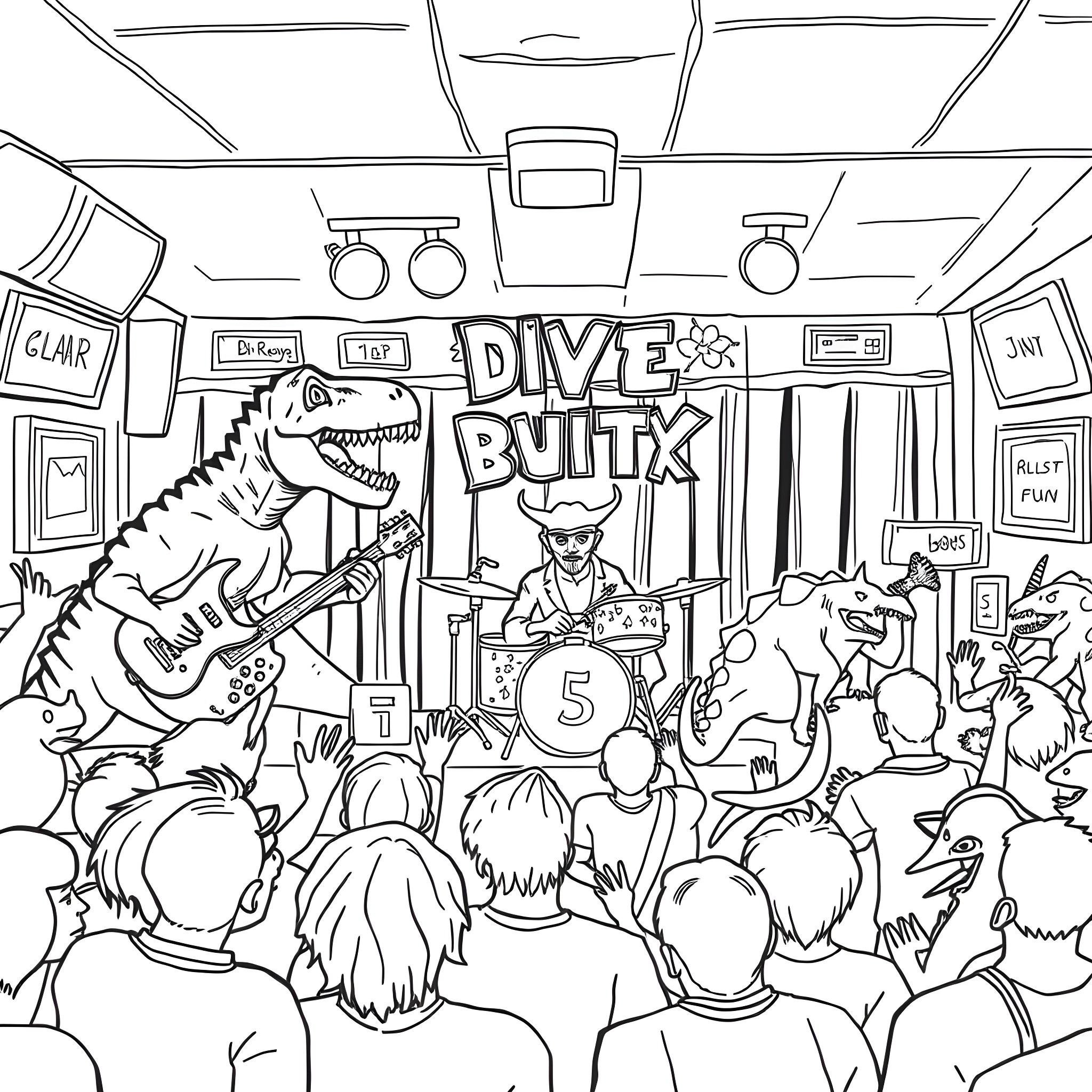 Dinosaur rock band performing on stage Coloring Page (free black-and-white line drawing printable PDF for all, from beginners to advanced learners, including children, teens, adults, and seniors)
